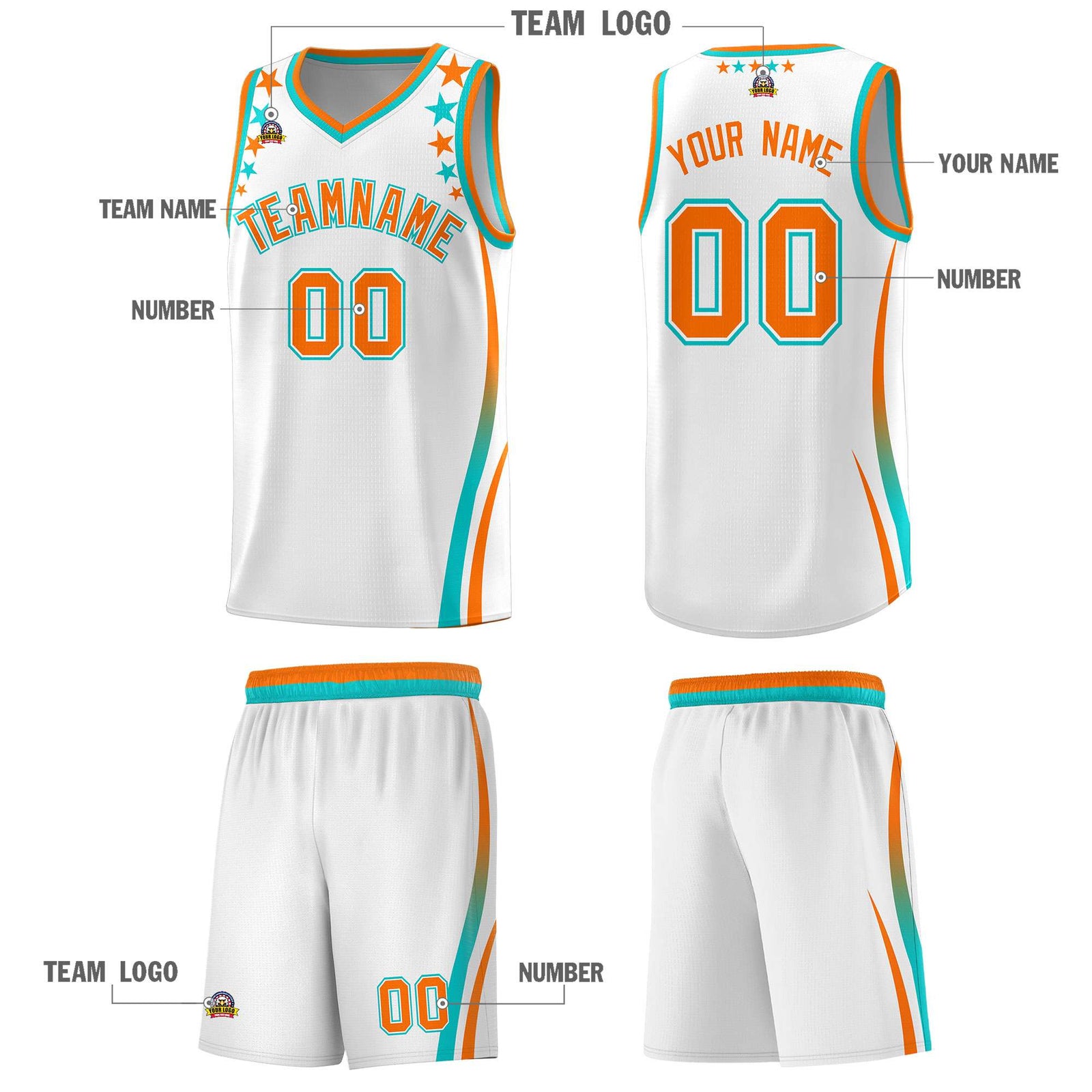 Custom White Shoulders Star Pattern Side Color Block Sports Uniform Basketball Kits