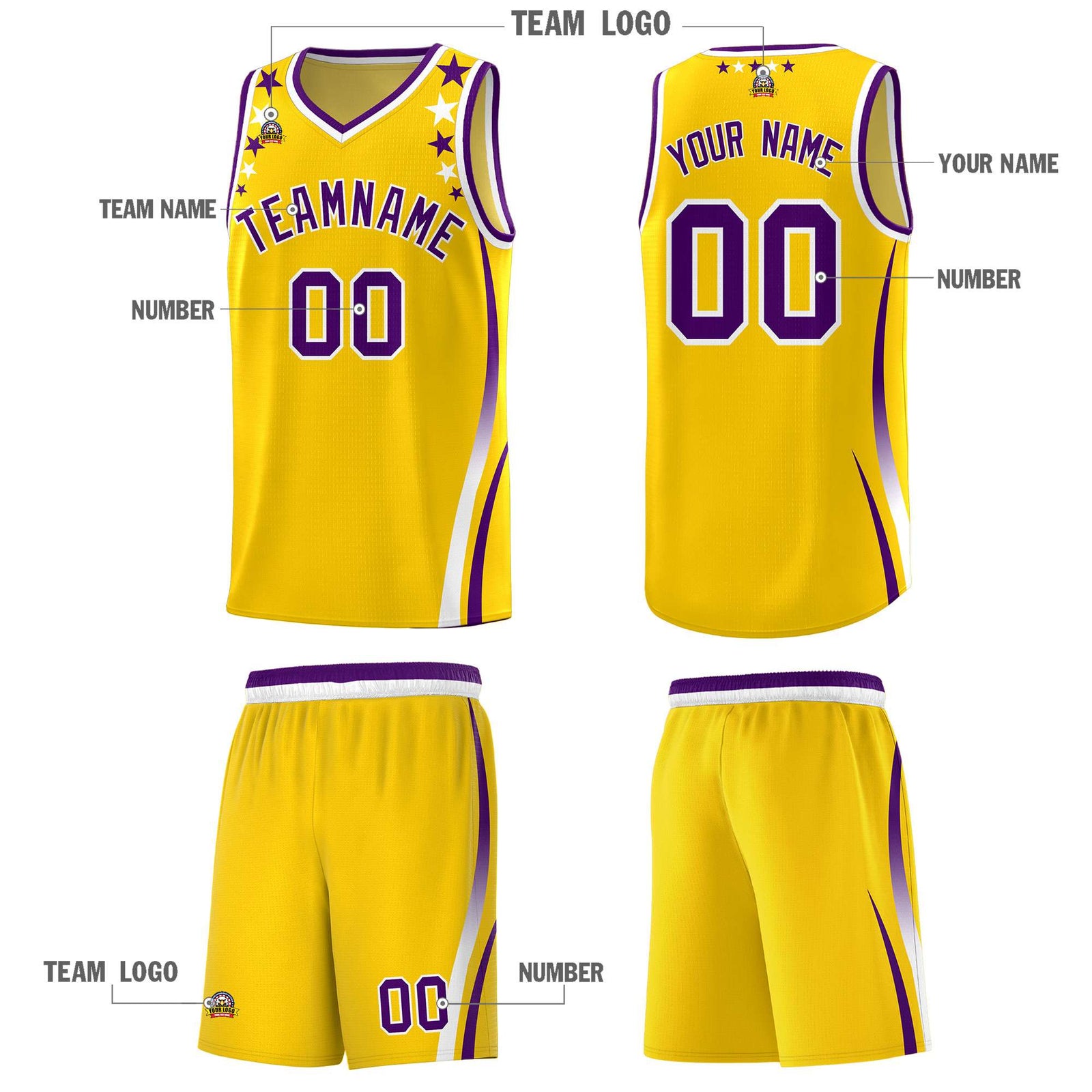 Custom Gold Shoulders Star Pattern Side Color Block Sports Uniform Basketball Kits