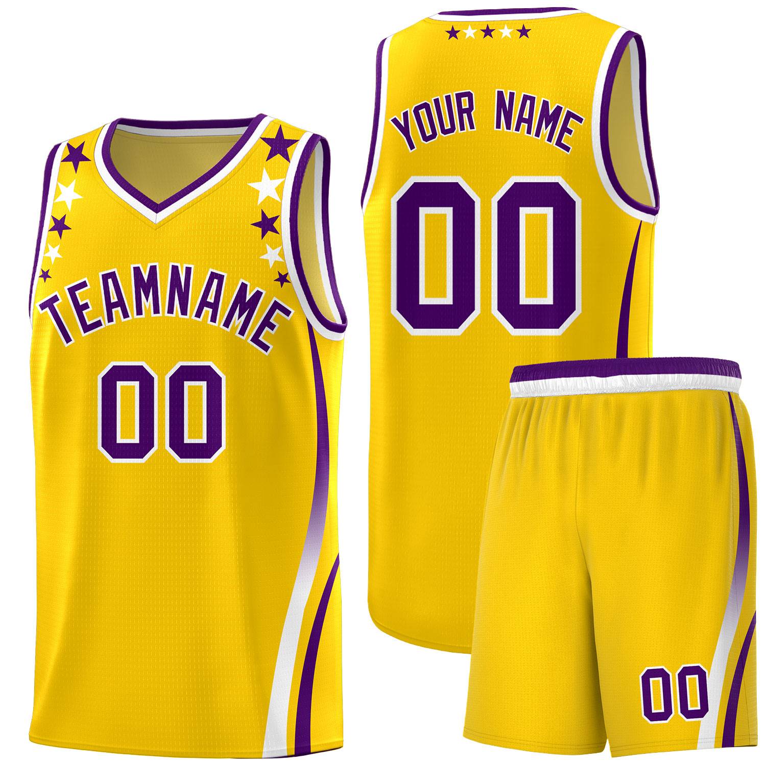 Custom Gold Shoulders Star Pattern Side Color Block Sports Uniform Basketball Kits
