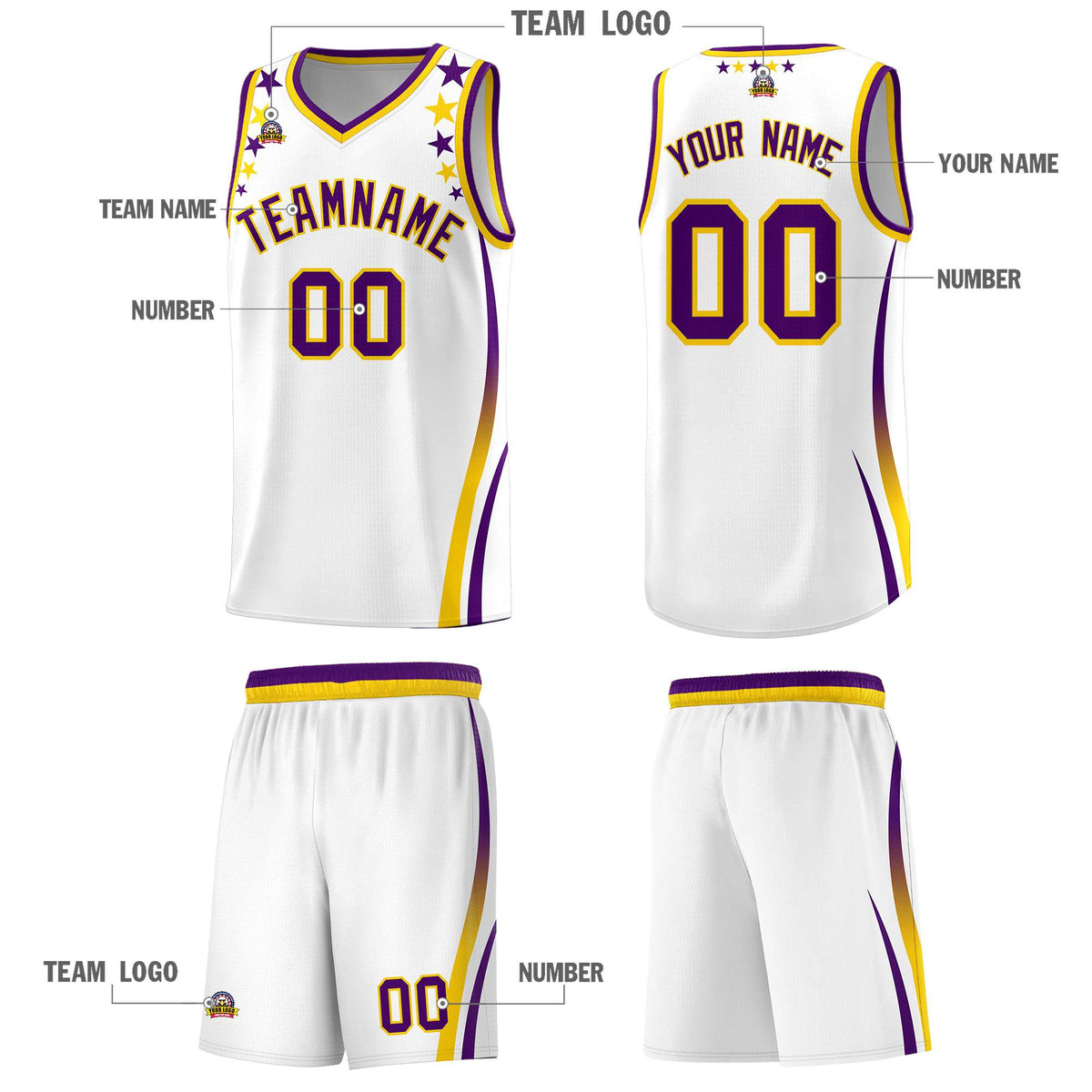 Custom White Shoulders Star Pattern Side Color Block Sports Uniform Basketball Kits