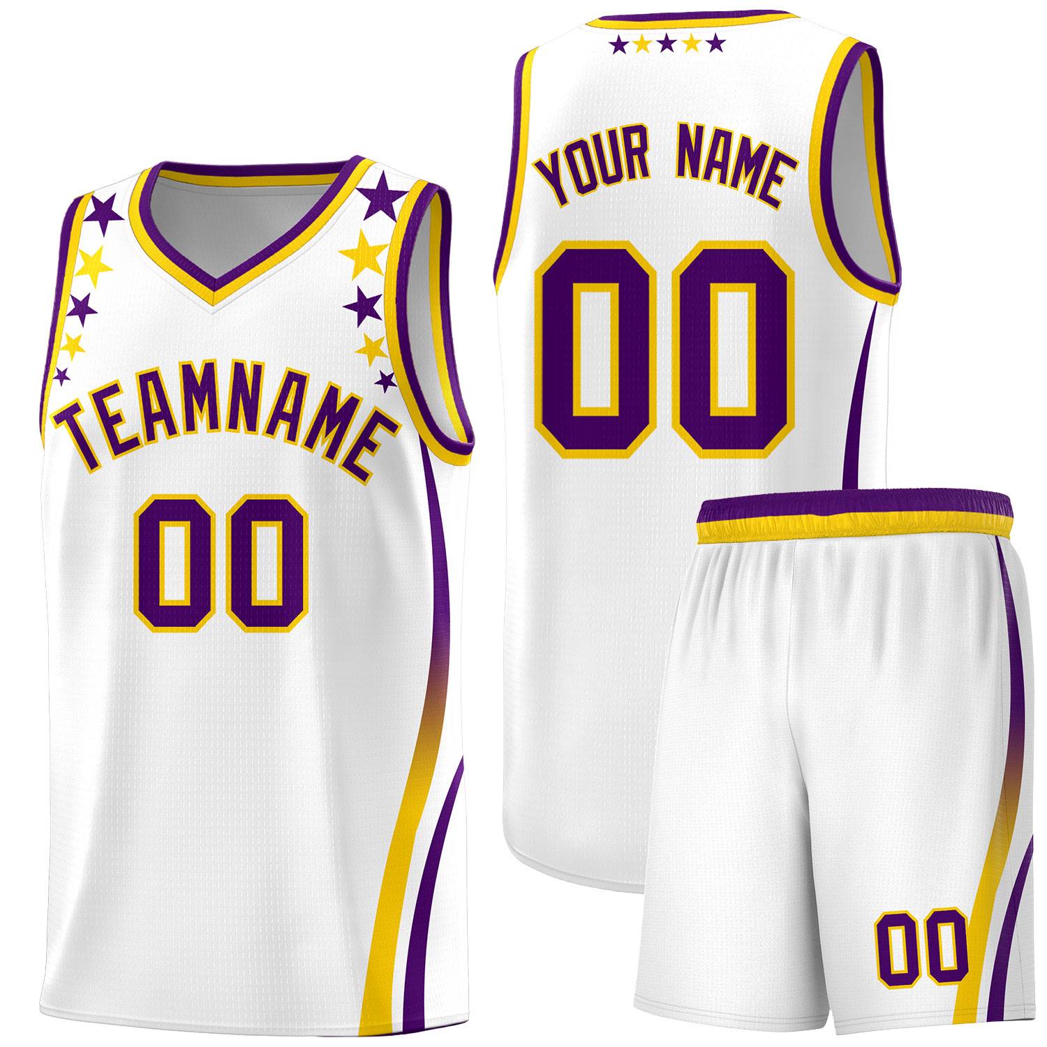 Custom White Shoulders Star Pattern Side Color Block Sports Uniform Basketball Kits