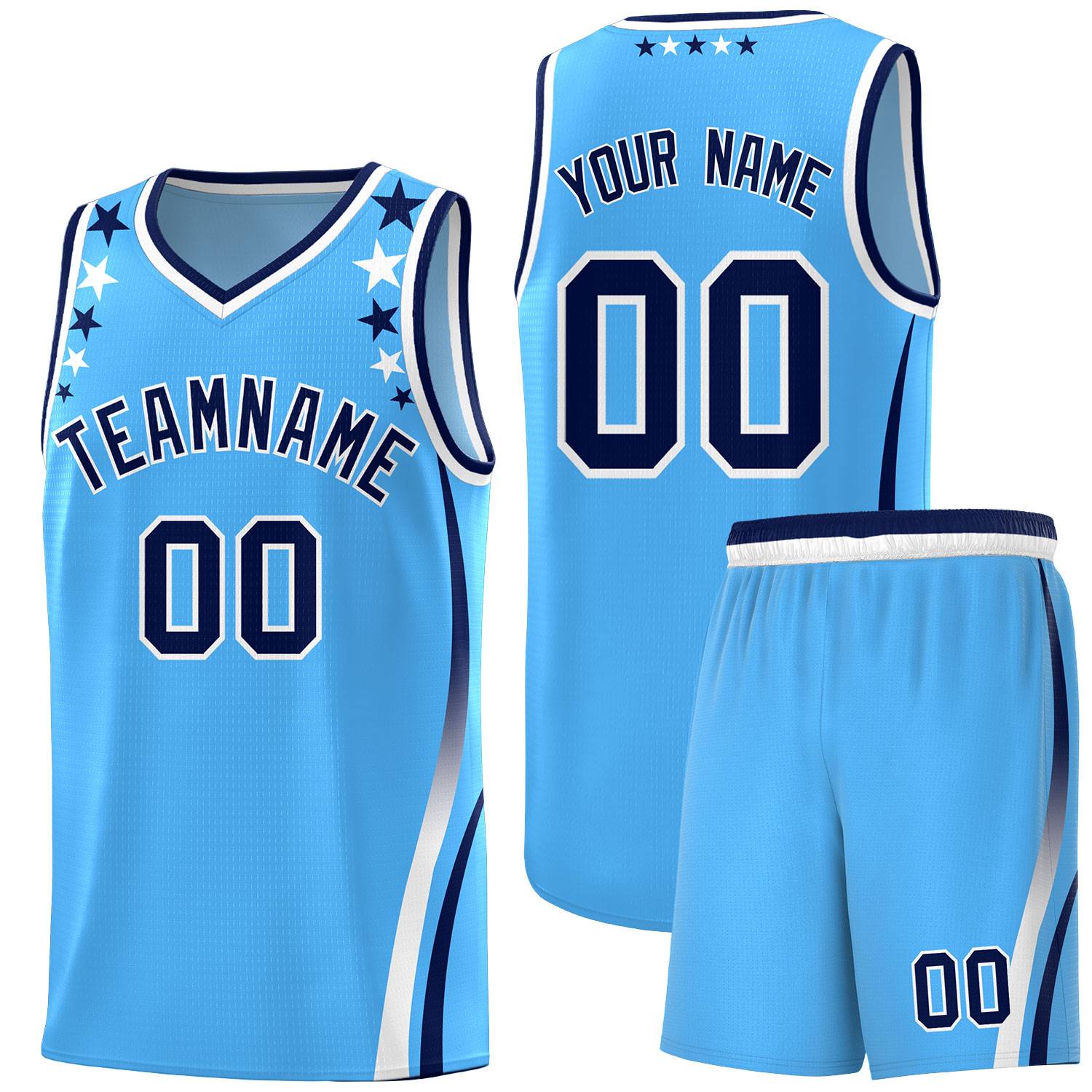 Custom Light Blue Shoulders Star Pattern Side Color Block Sports Uniform Basketball Kits