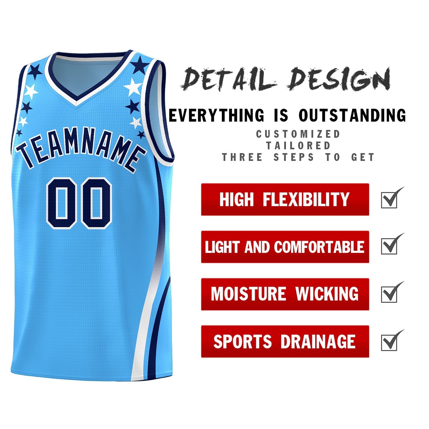 Custom Light Blue Shoulders Star Pattern Side Color Block Sports Uniform Basketball Kits