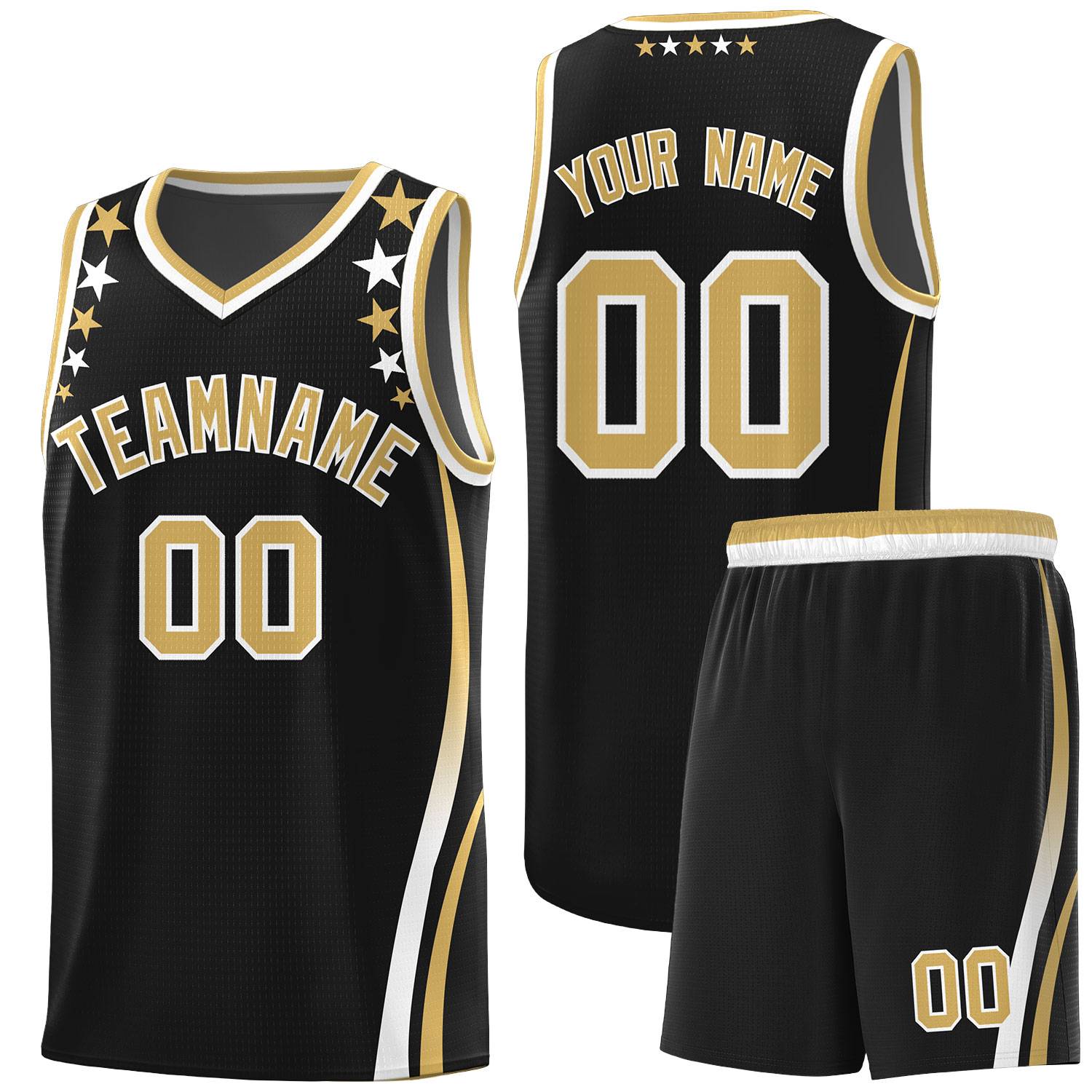 Custom Black Shoulders Star Pattern Side Color Block Sports Uniform Basketball Kits