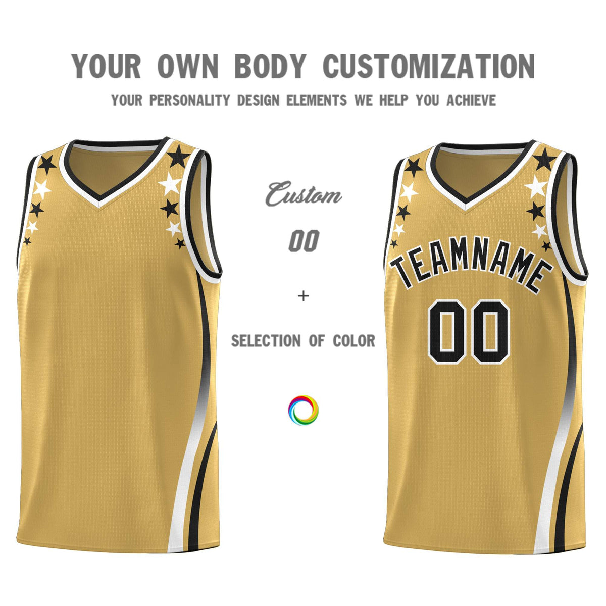 Custom Old Gold Shoulders Star Pattern Side Color Block Sports Uniform Basketball Kits