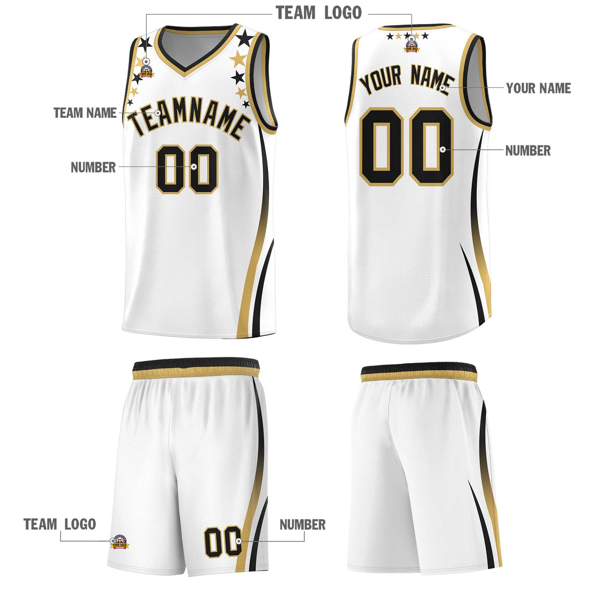 Custom White Shoulders Star Pattern Side Color Block Sports Uniform Basketball Kits