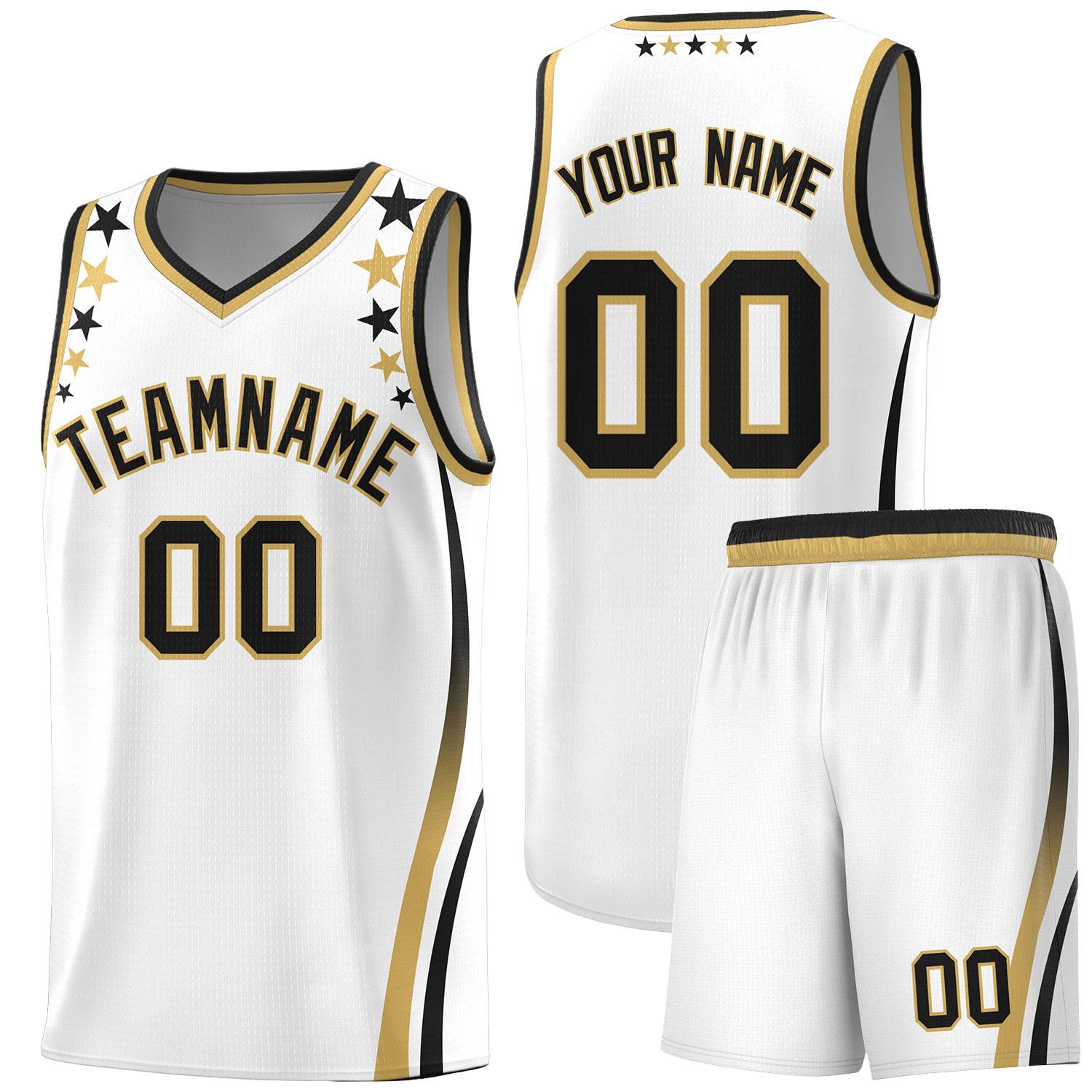 Custom White Shoulders Star Pattern Side Color Block Sports Uniform Basketball Kits