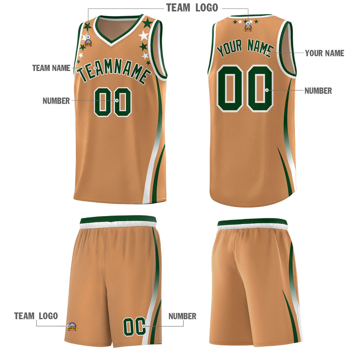 Custom Light Brown Shoulders Star Pattern Side Color Block Sports Uniform Basketball Kits