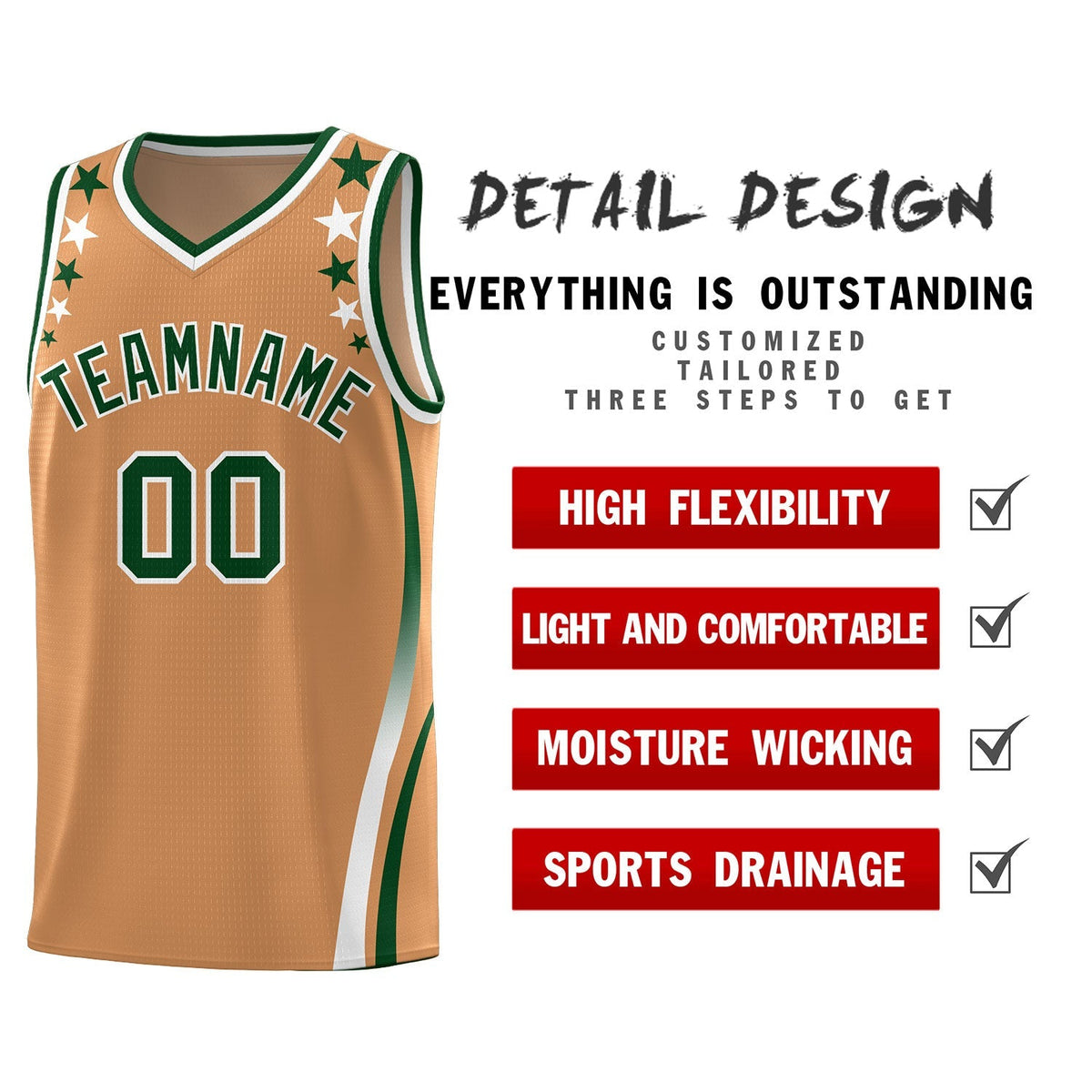Custom Light Brown Shoulders Star Pattern Side Color Block Sports Uniform Basketball Kits