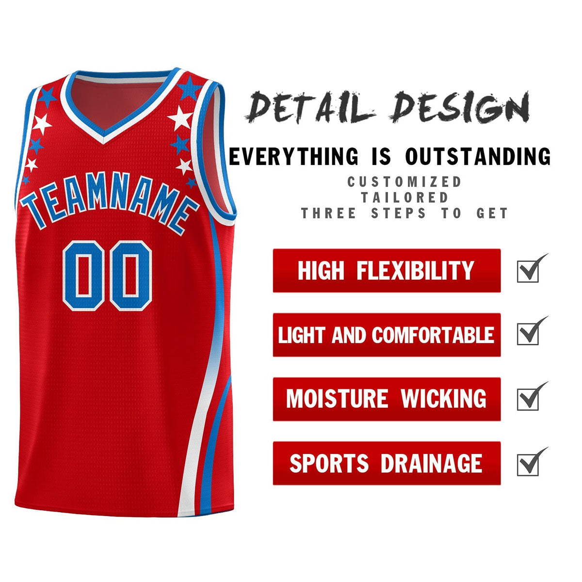 Custom Red Shoulders Star Pattern Side Color Block Sports Uniform Basketball Kits