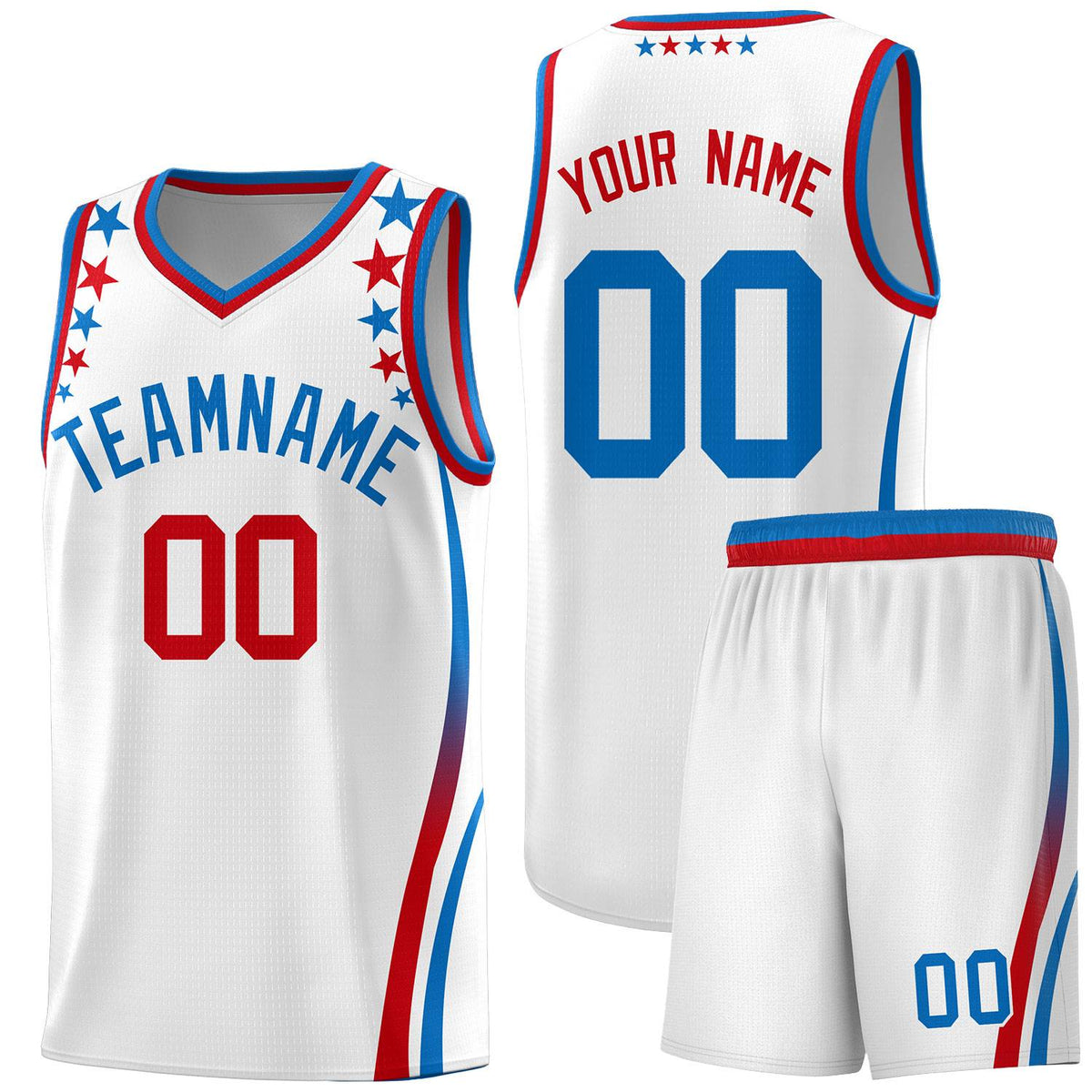 Custom White Shoulders Star Pattern Side Color Block Sports Uniform Basketball Kits