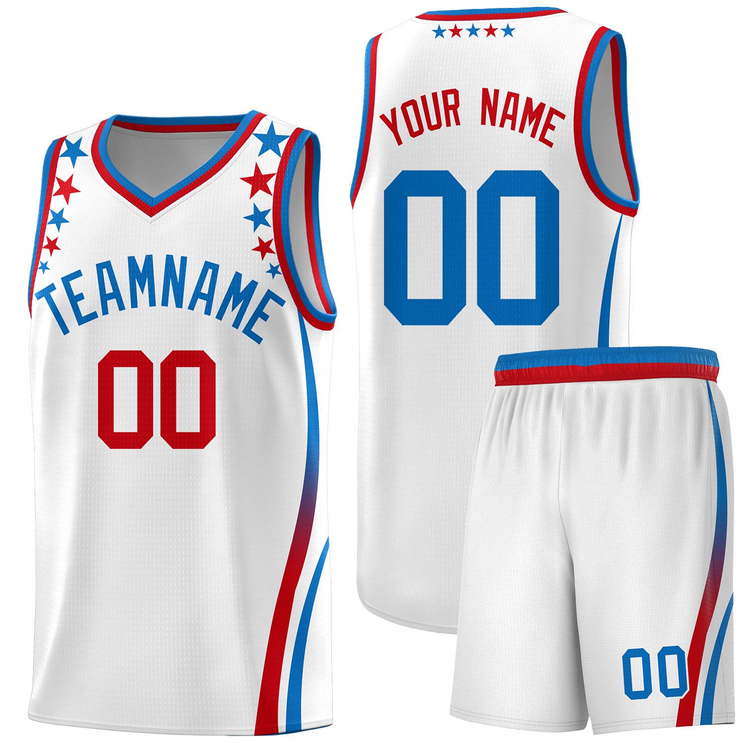 Custom White Shoulders Star Pattern Side Color Block Sports Uniform Basketball Kits