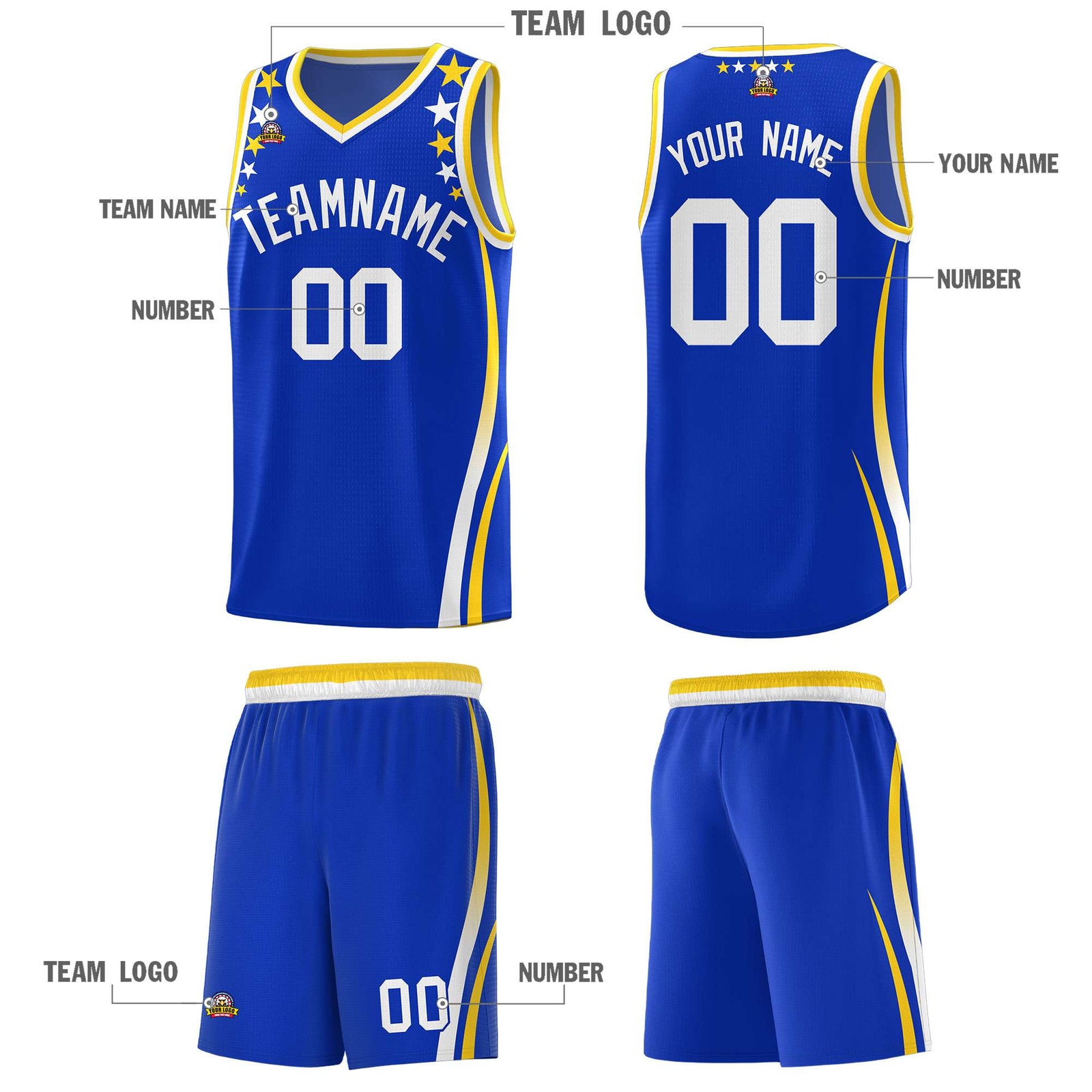Custom Royal Shoulders Star Pattern Side Color Block Sports Uniform Basketball Kits