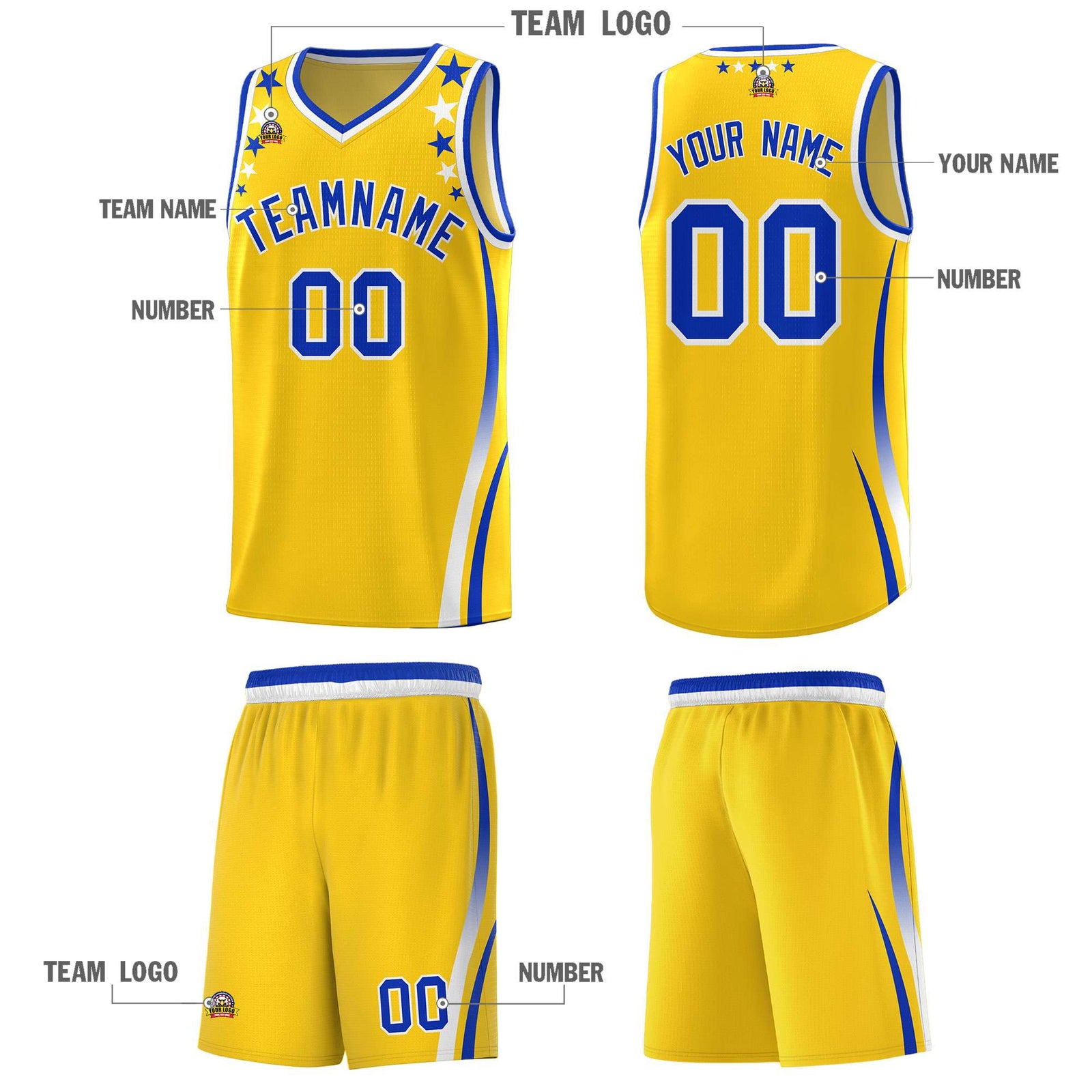 Custom Gold Shoulders Star Pattern Side Color Block Sports Uniform Basketball Kits