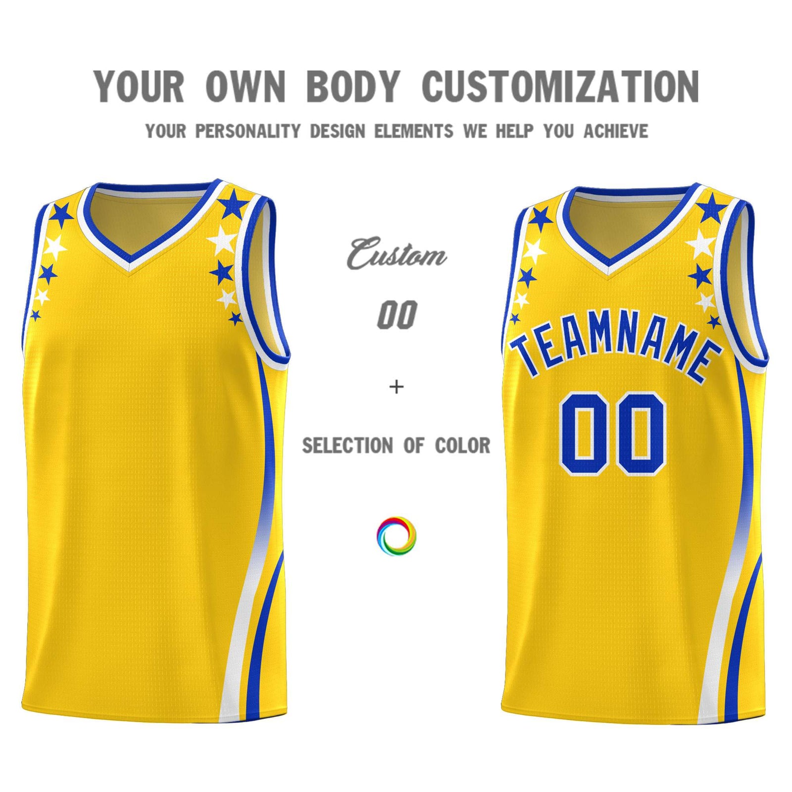 Custom Gold Shoulders Star Pattern Side Color Block Sports Uniform Basketball Kits