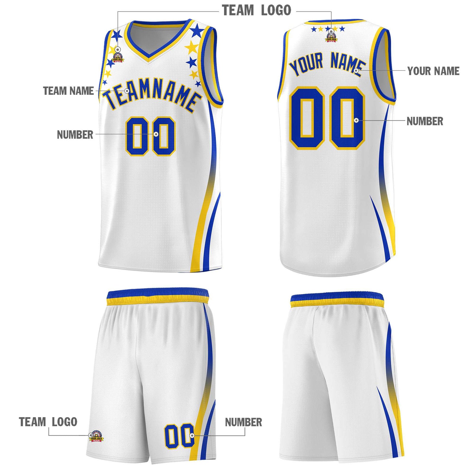 Custom White Shoulders Star Pattern Side Color Block Sports Uniform Basketball Kits