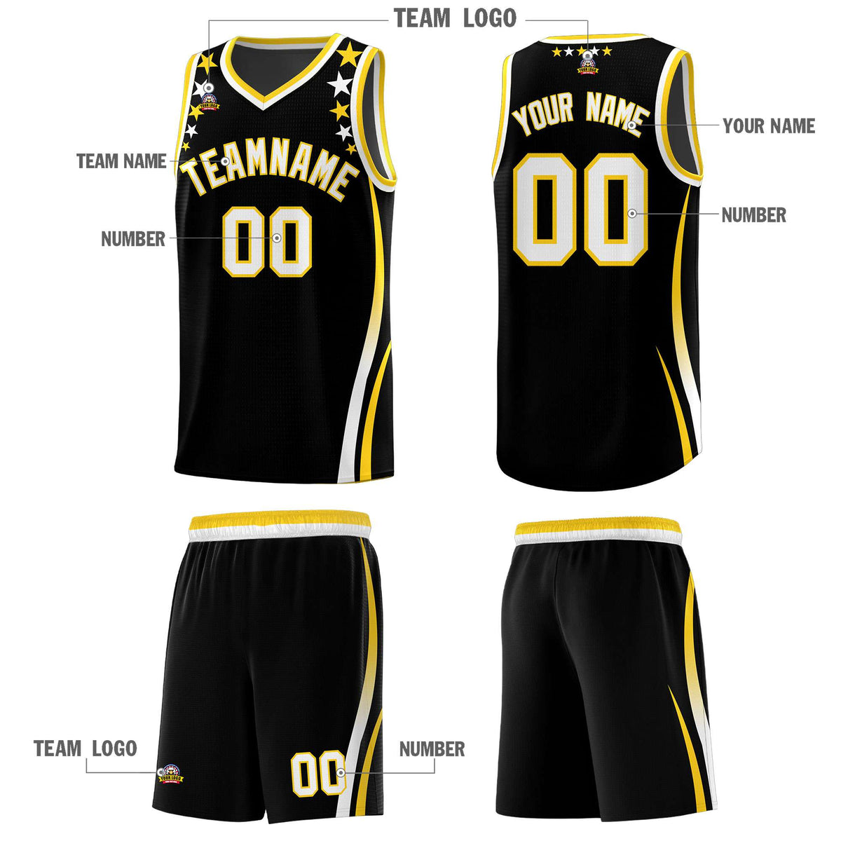 Custom Black Shoulders Star Pattern Side Color Block Sports Uniform Basketball Kits