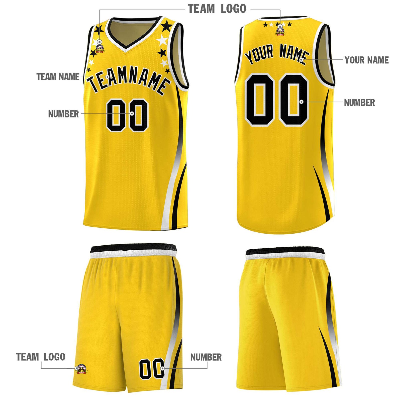 Custom Gold Shoulders Star Pattern Side Color Block Sports Uniform Basketball Kits