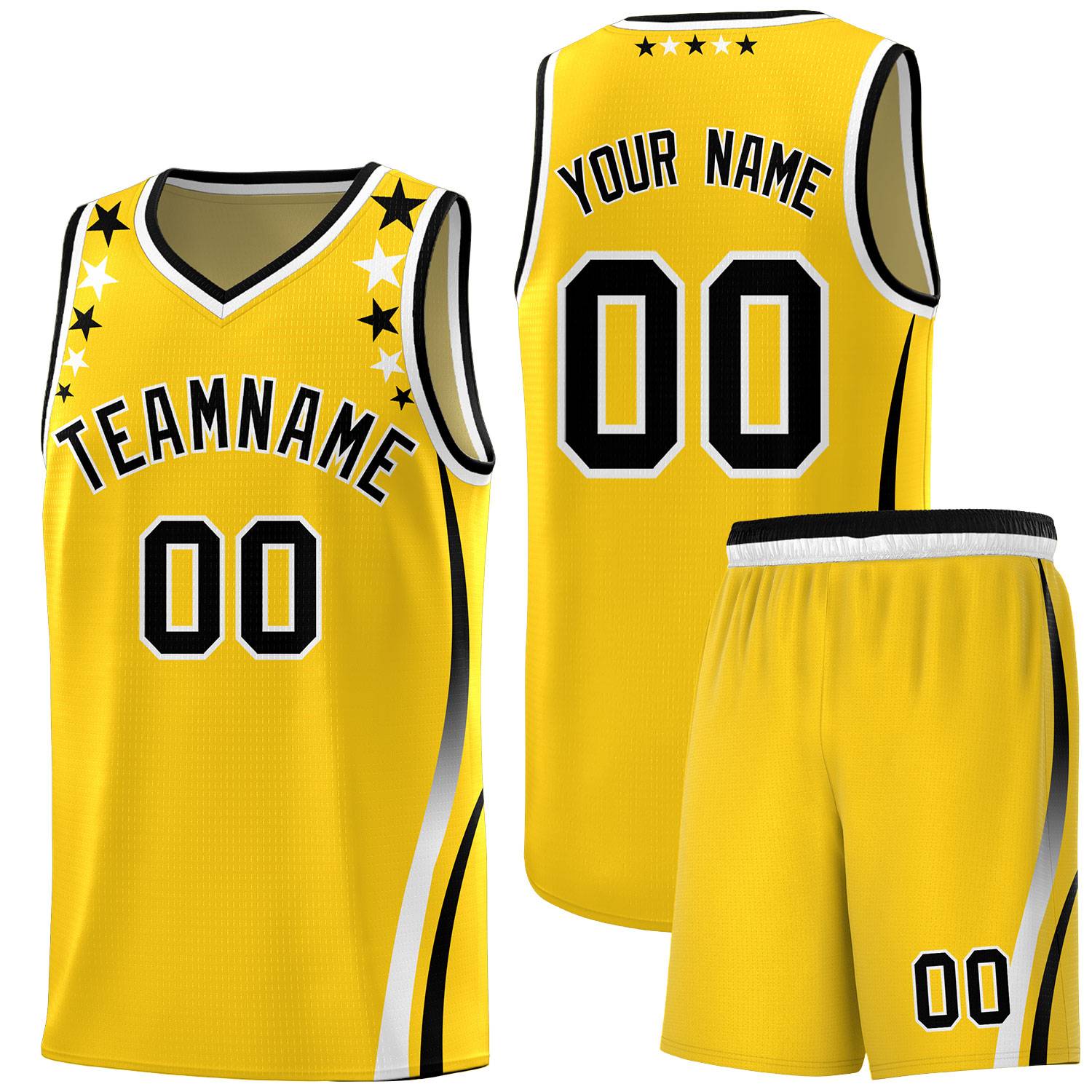 Custom Gold Shoulders Star Pattern Side Color Block Sports Uniform Basketball Kits