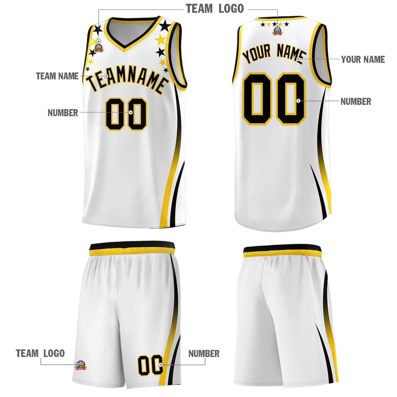 Custom White Shoulders Star Pattern Side Color Block Sports Uniform Basketball Kits