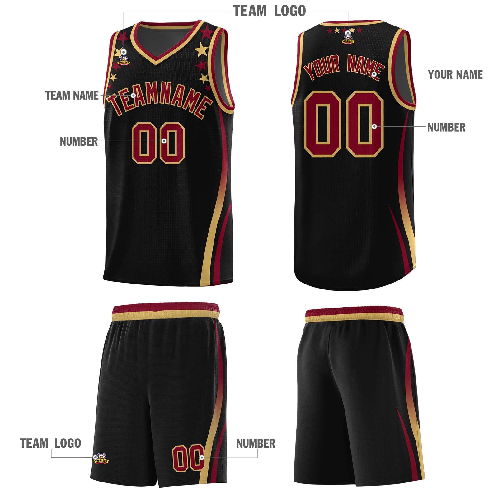 Custom Black Shoulders Star Pattern Side Color Block Sports Uniform Basketball Kits