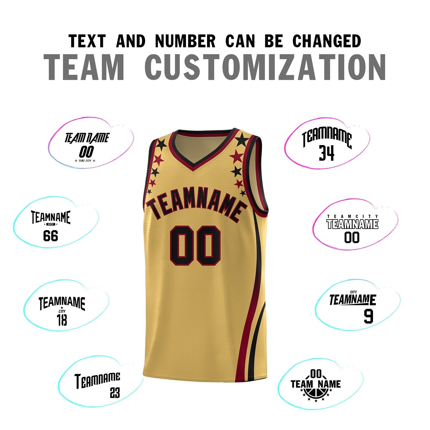 Custom Old Gold Shoulders Star Pattern Side Color Block Sports Uniform Basketball Kits