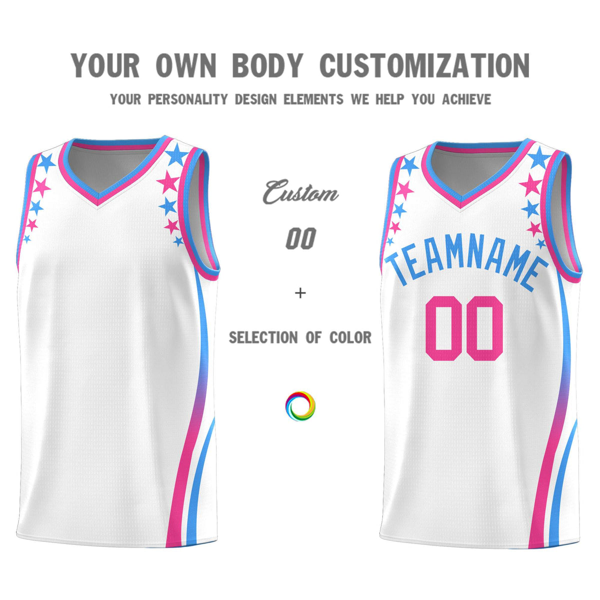 Custom White Shoulders Star Pattern Side Color Block Sports Uniform Basketball Kits