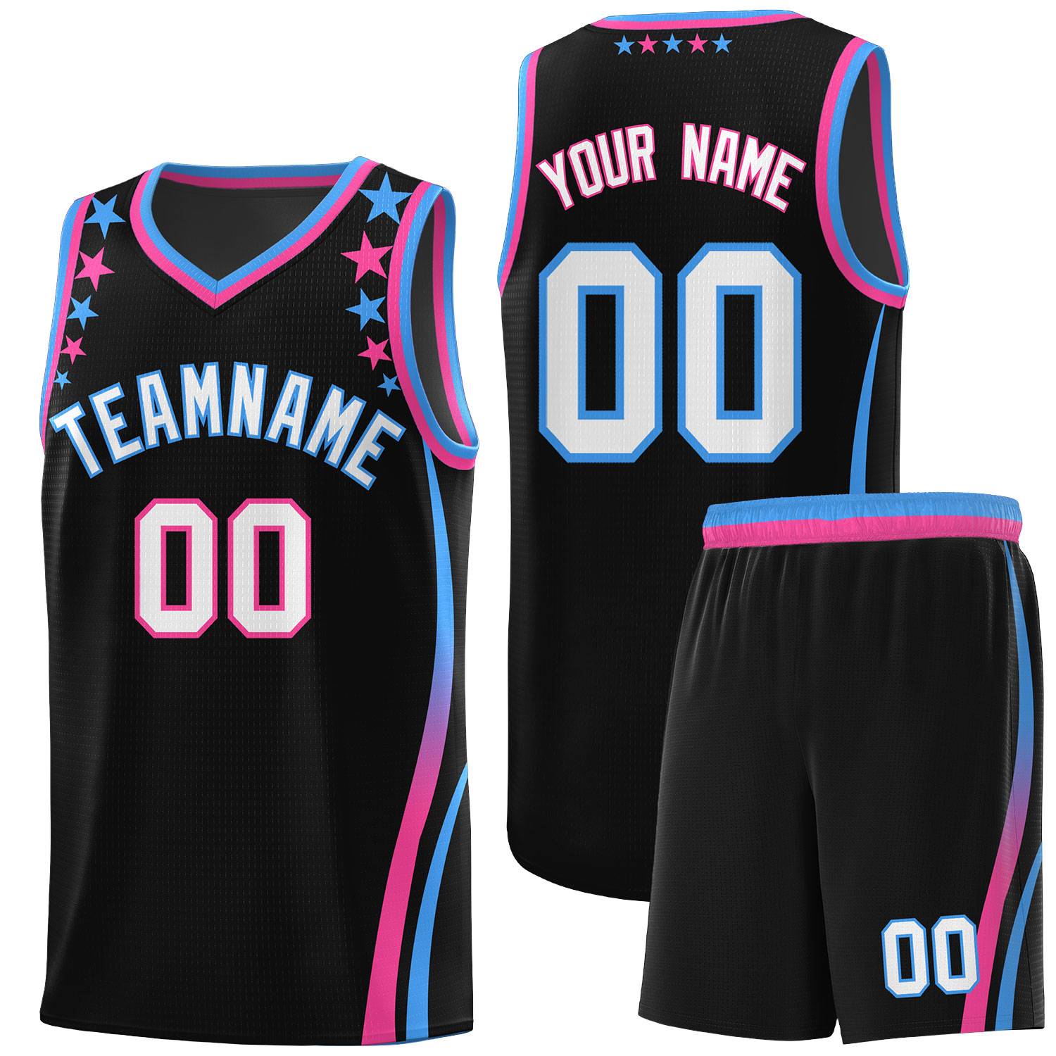 Custom Black Shoulders Star Pattern Side Color Block Sports Uniform Basketball Kits