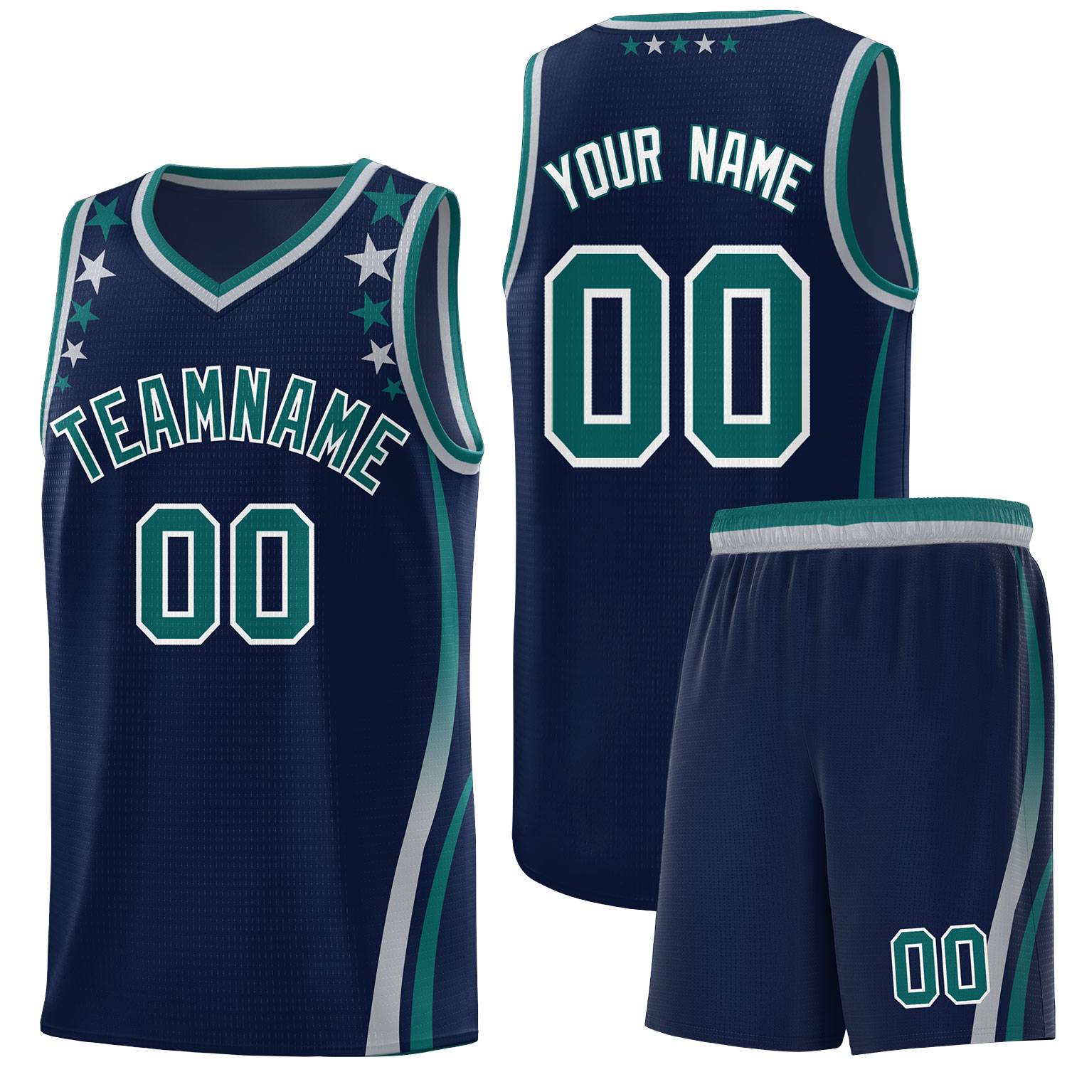 Custom Navy Shoulders Star Pattern Side Color Block Sports Uniform Basketball Kits