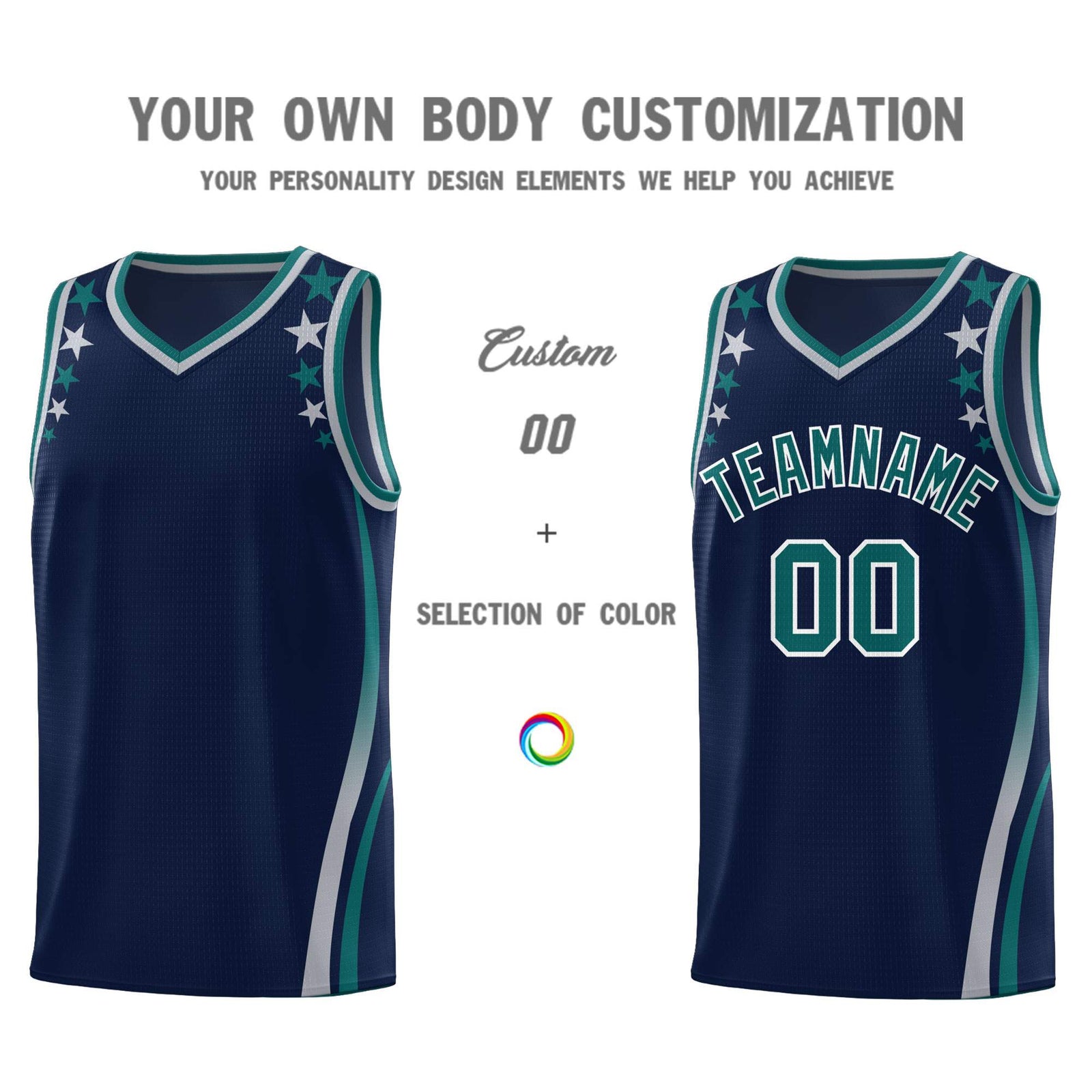Custom Navy Shoulders Star Pattern Side Color Block Sports Uniform Basketball Kits