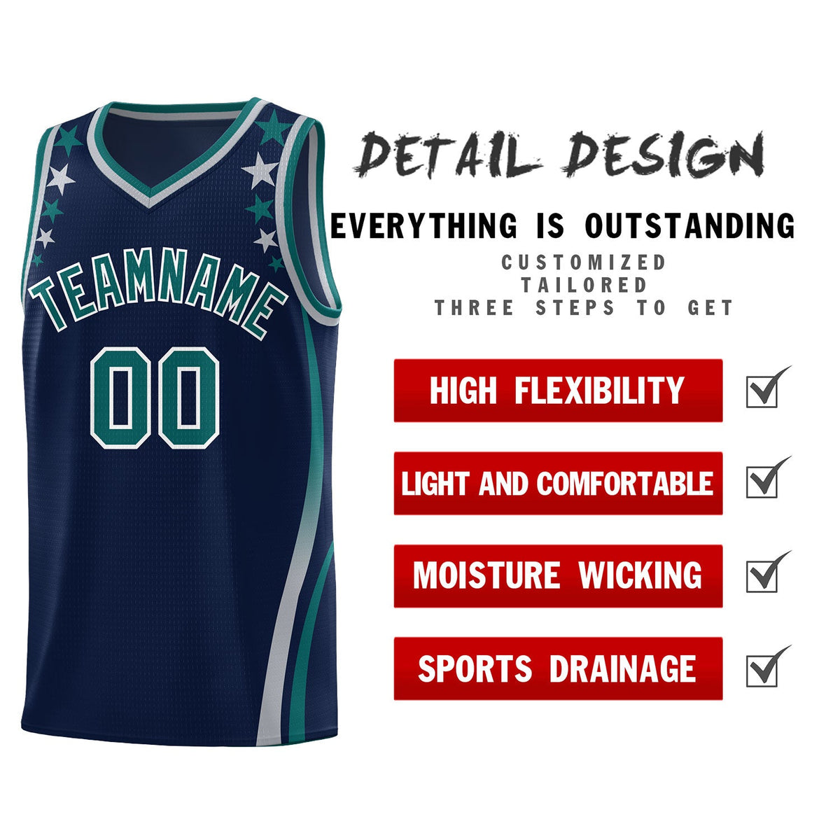 Custom Navy Shoulders Star Pattern Side Color Block Sports Uniform Basketball Kits
