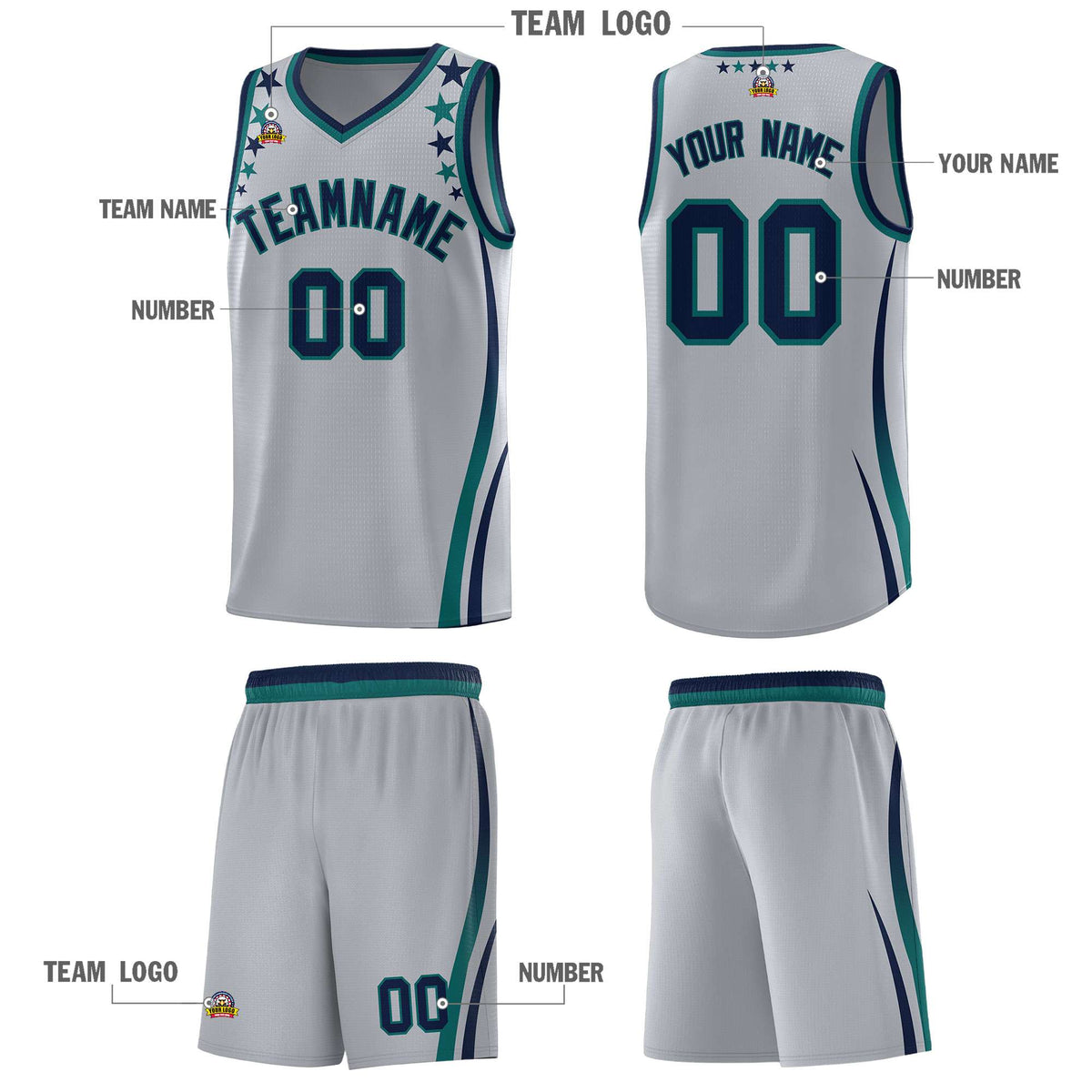 Custom Gray Shoulders Star Pattern Side Color Block Sports Uniform Basketball Kits