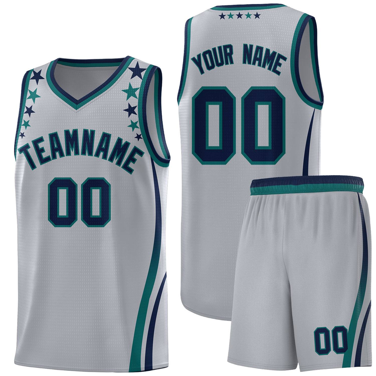 Custom Gray Shoulders Star Pattern Side Color Block Sports Uniform Basketball Kits