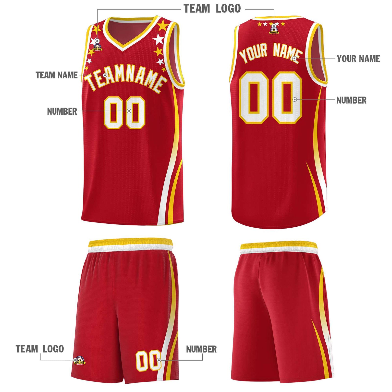 Custom Red Shoulders Star Pattern Side Color Block Sports Uniform Basketball Kits