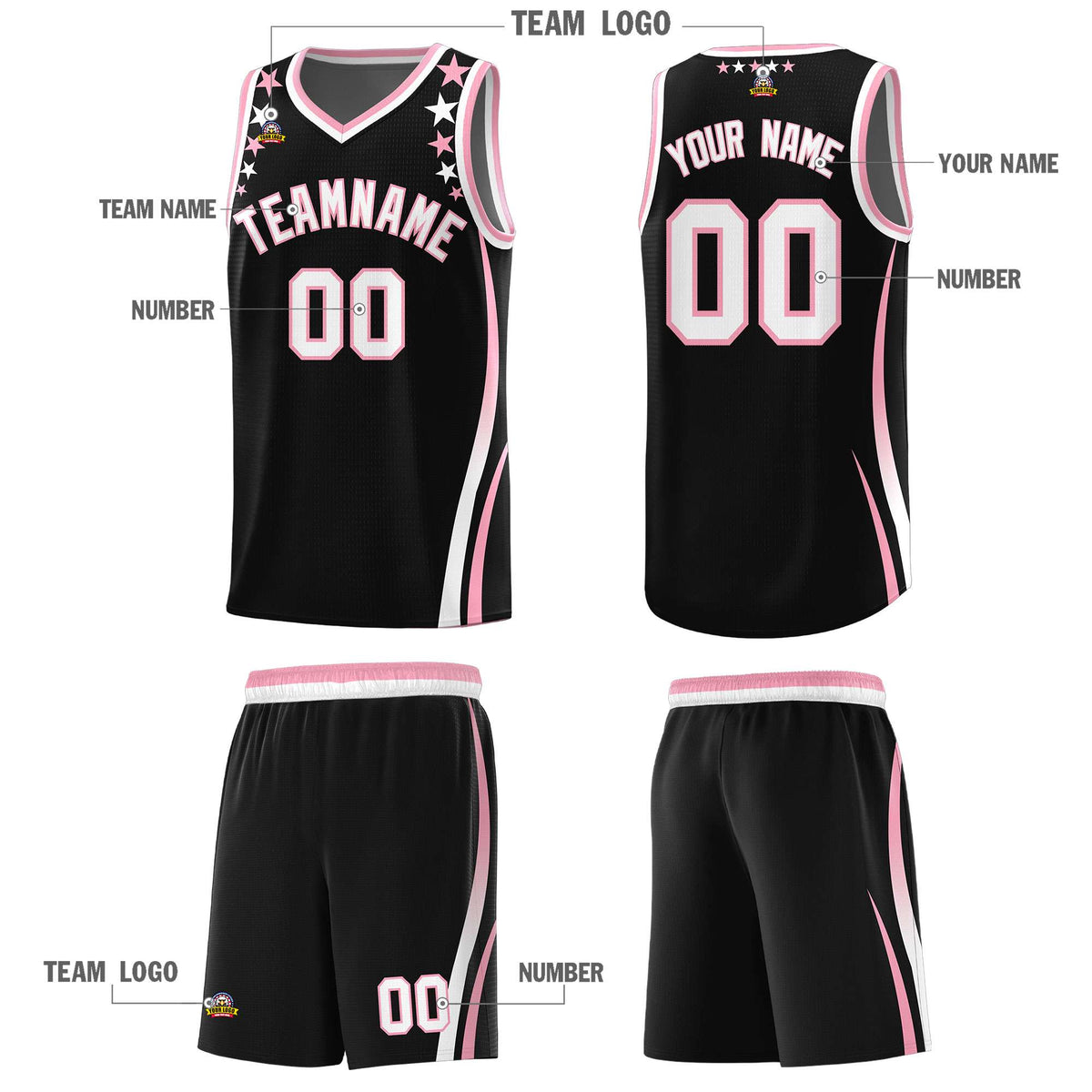 Custom Black Shoulders Star Pattern Side Color Block Sports Uniform Basketball Kits