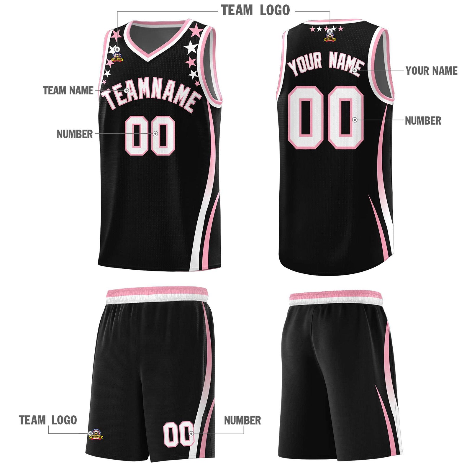 Custom Black Shoulders Star Pattern Side Color Block Sports Uniform Basketball Kits