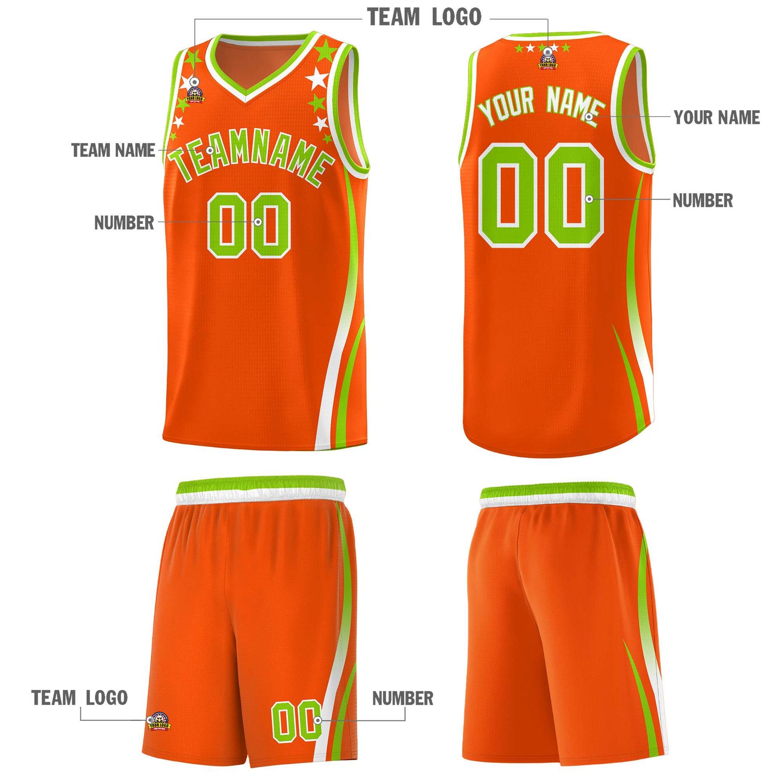 Custom Orange Shoulders Star Pattern Side Color Block Sports Uniform Basketball Kits