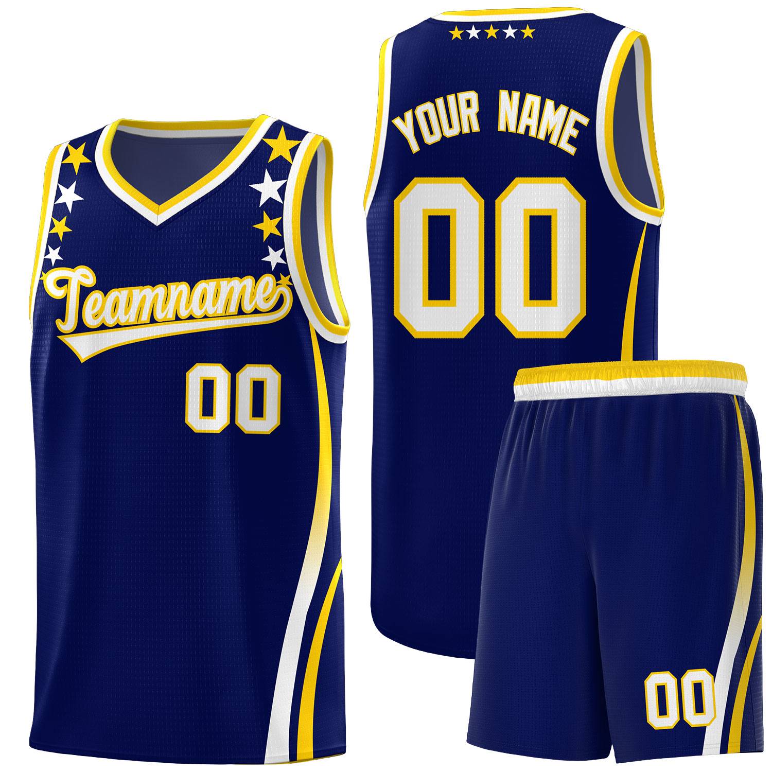 Custom Navy Shoulders Star Pattern Side Color Block Sports Uniform Basketball Kits