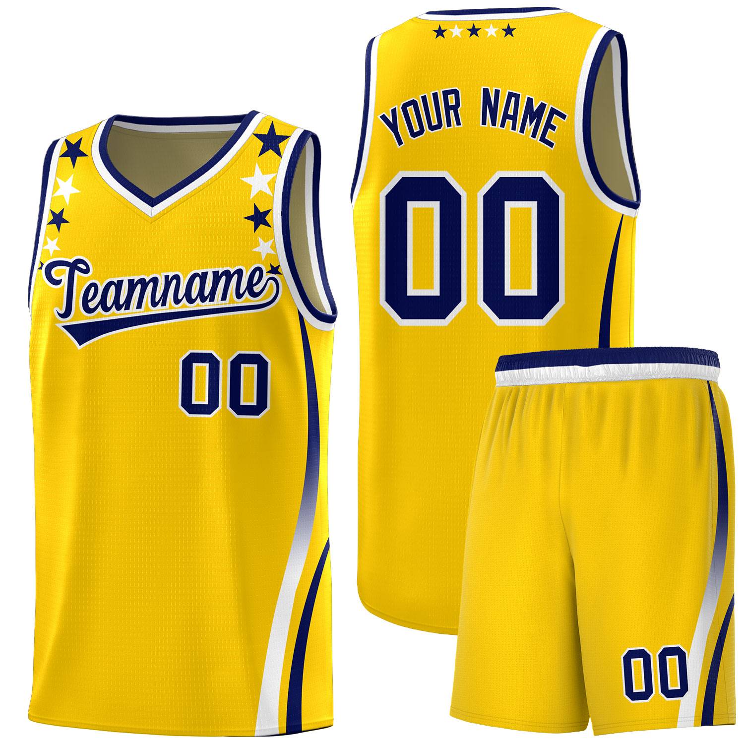 Custom Gold Shoulders Star Pattern Side Color Block Sports Uniform Basketball Kits