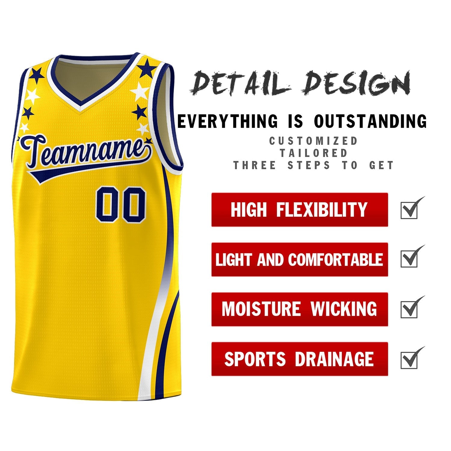 Custom Gold Shoulders Star Pattern Side Color Block Sports Uniform Basketball Kits