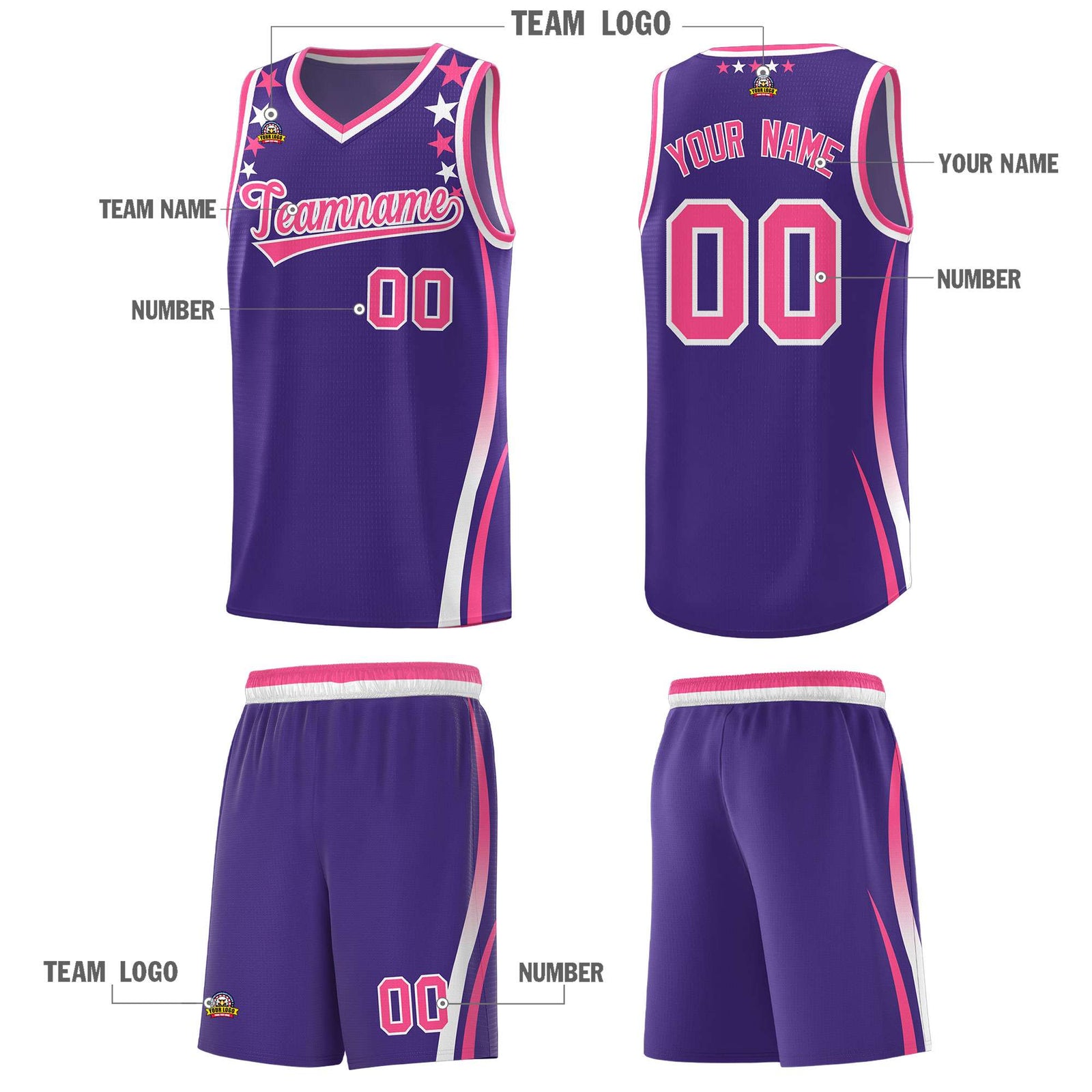Custom Purple Shoulders Star Pattern Side Color Block Sports Uniform Basketball Kits