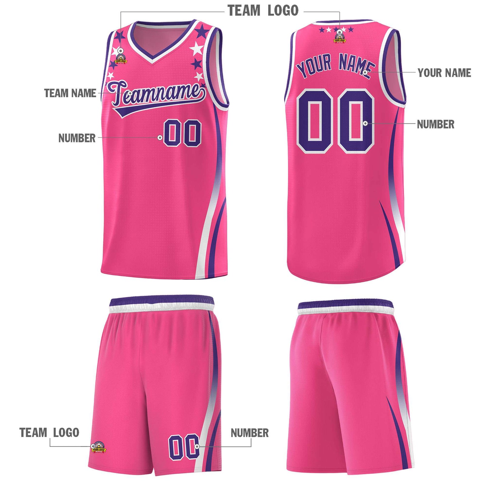 Custom Pink Shoulders Star Pattern Side Color Block Sports Uniform Basketball Kits