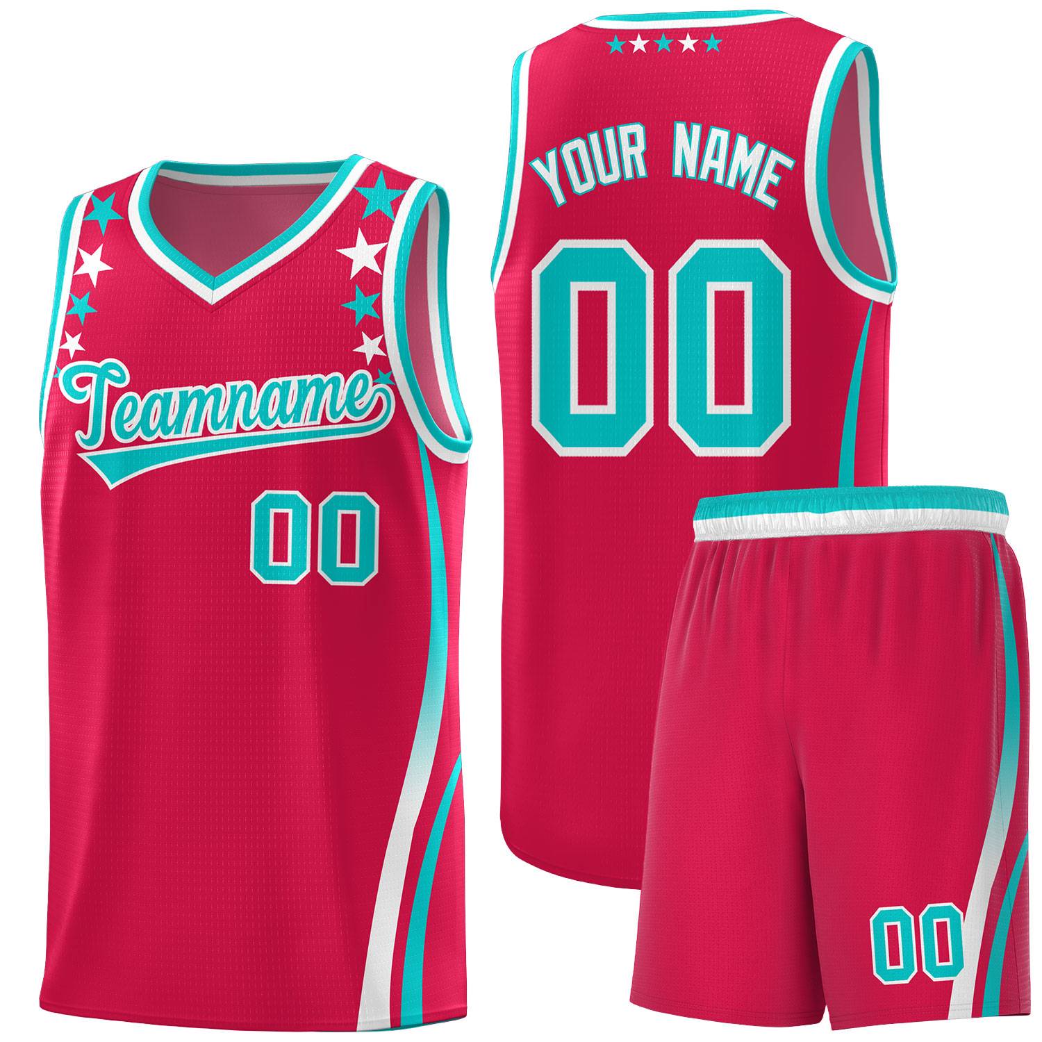 Custom Red Shoulders Star Pattern Side Color Block Sports Uniform Basketball Kits
