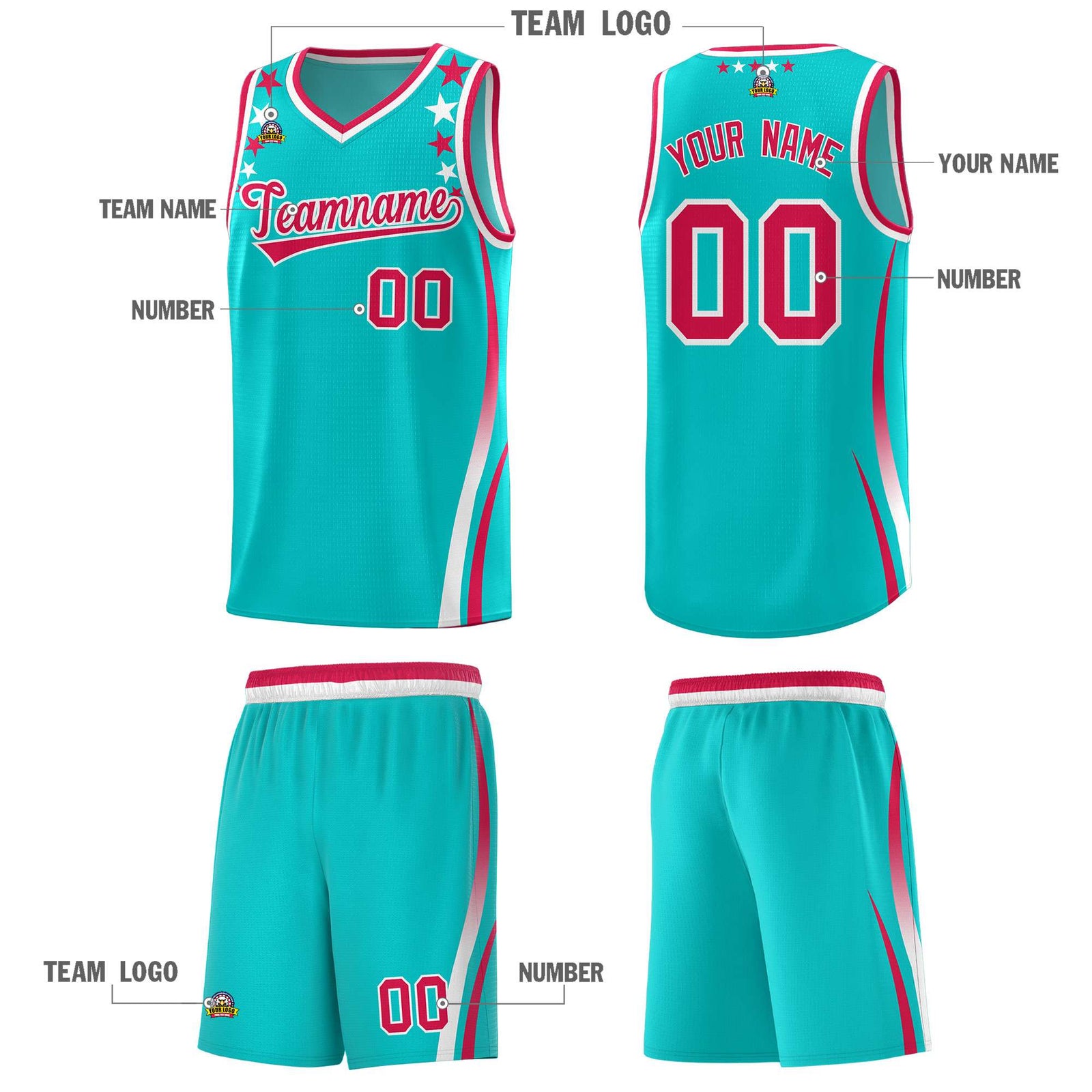 Custom Sky Blue Shoulders Star Pattern Side Color Block Sports Uniform Basketball Kits
