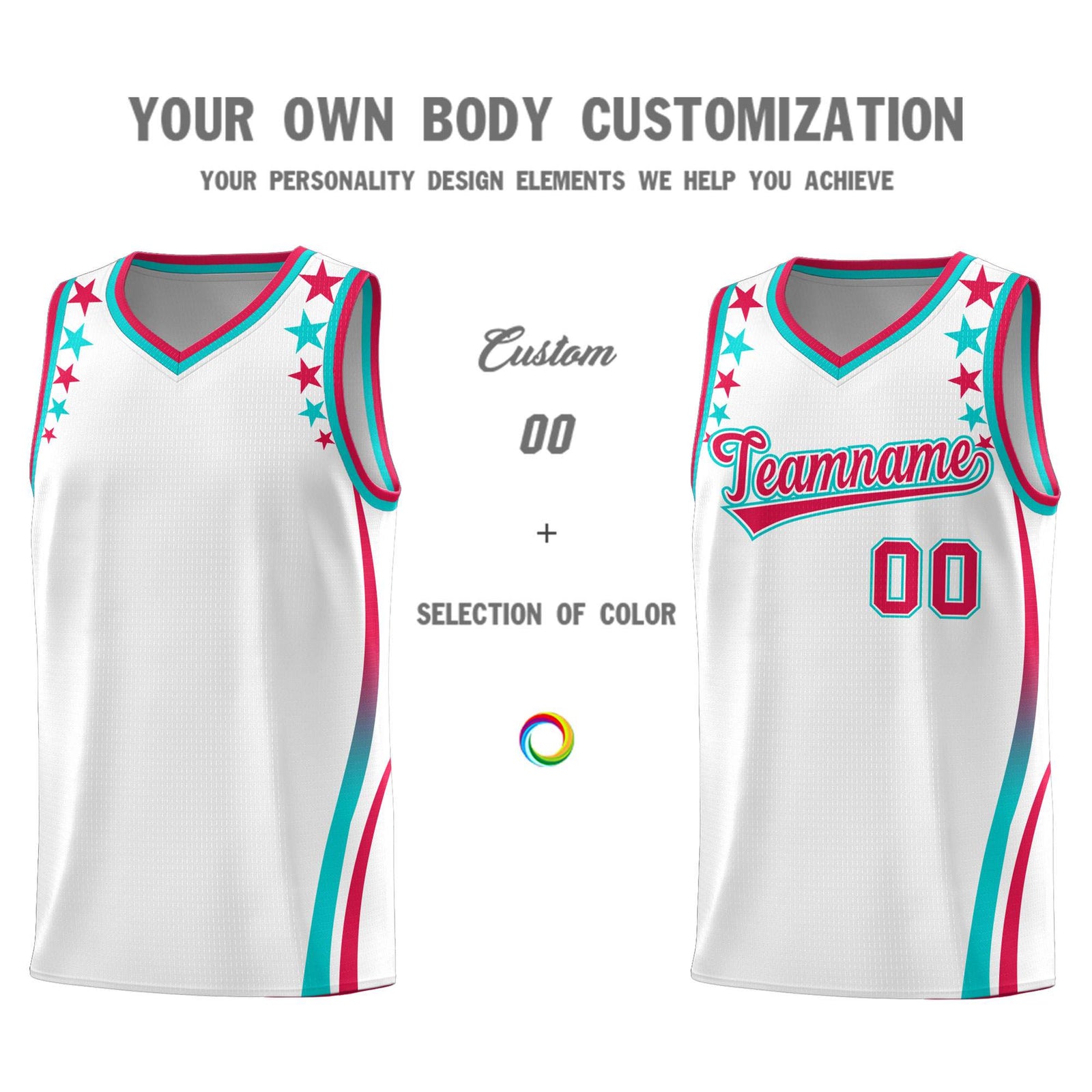 Custom White Shoulders Star Pattern Side Color Block Sports Uniform Basketball Kits