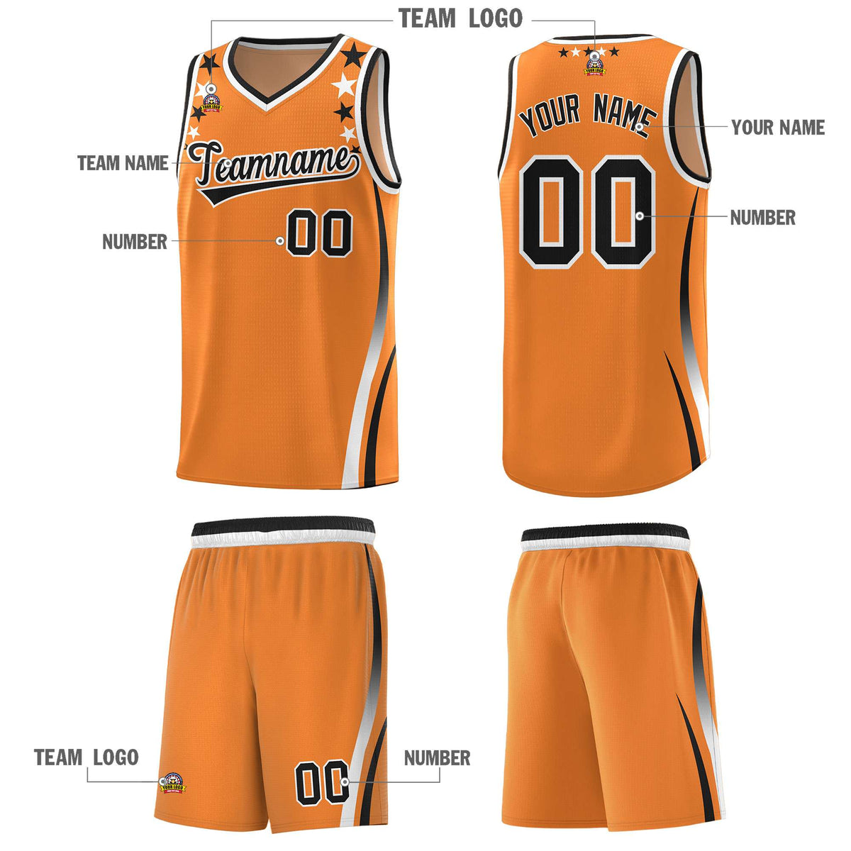 Custom Orange Shoulders Star Pattern Side Color Block Sports Uniform Basketball Kits