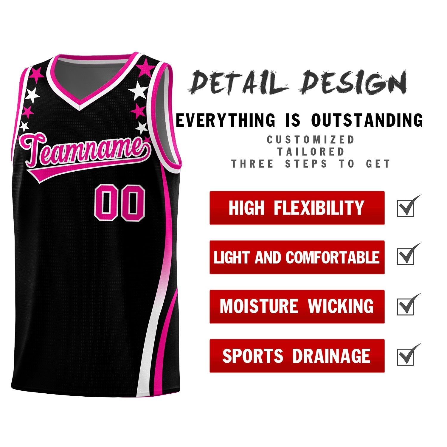 Custom Black Shoulders Star Pattern Side Color Block Sports Uniform Basketball Kits