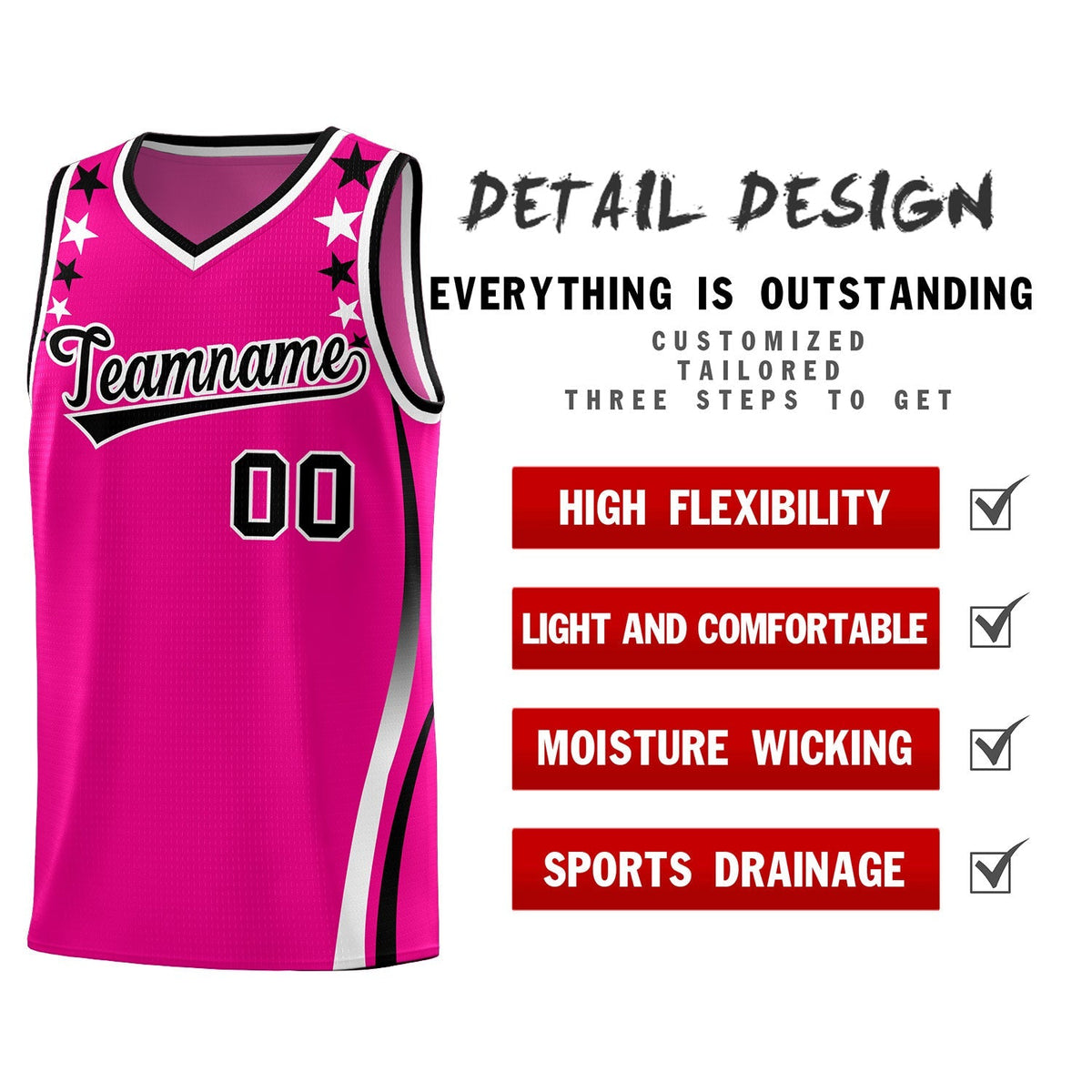 Custom Red Shoulders Star Pattern Side Color Block Sports Uniform Basketball Kits