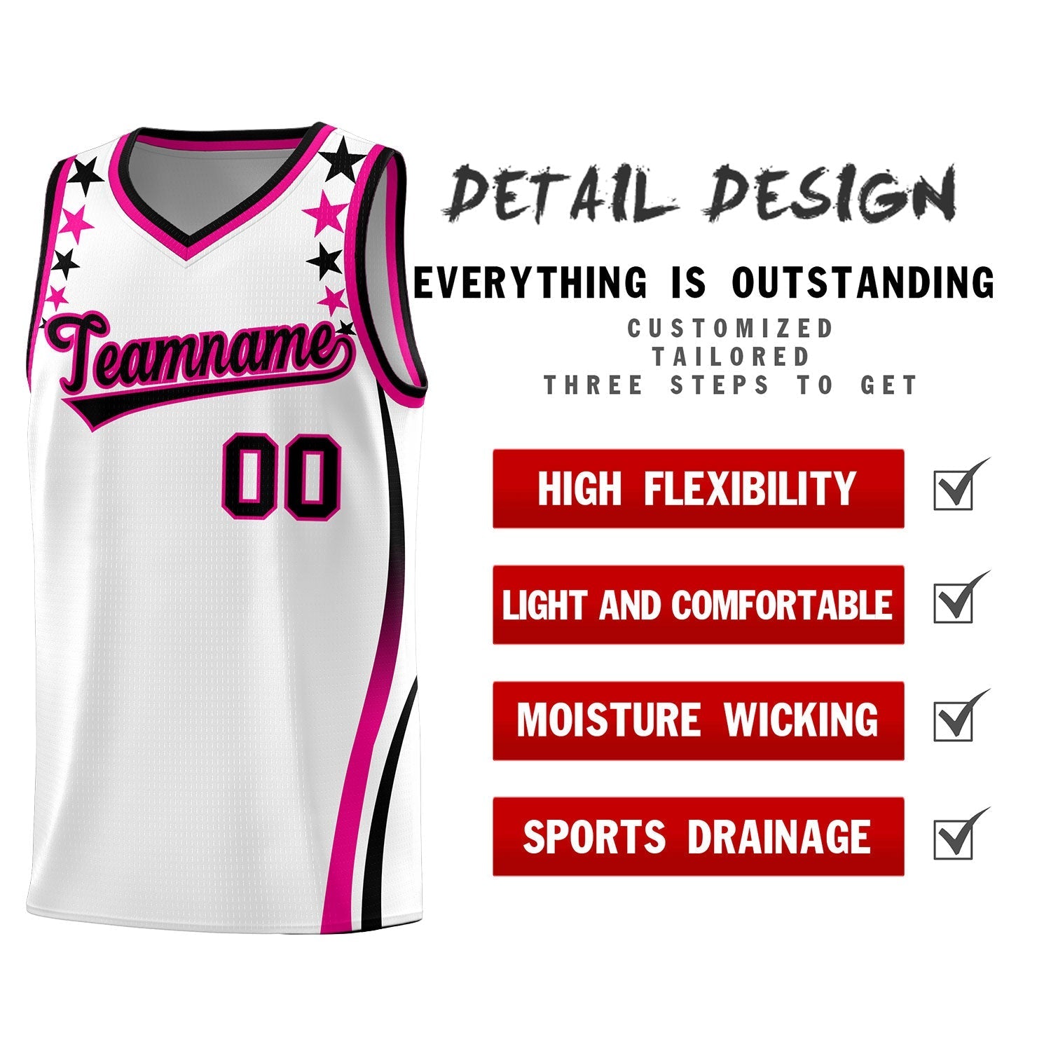 Custom White Shoulders Star Pattern Side Color Block Sports Uniform Basketball Kits
