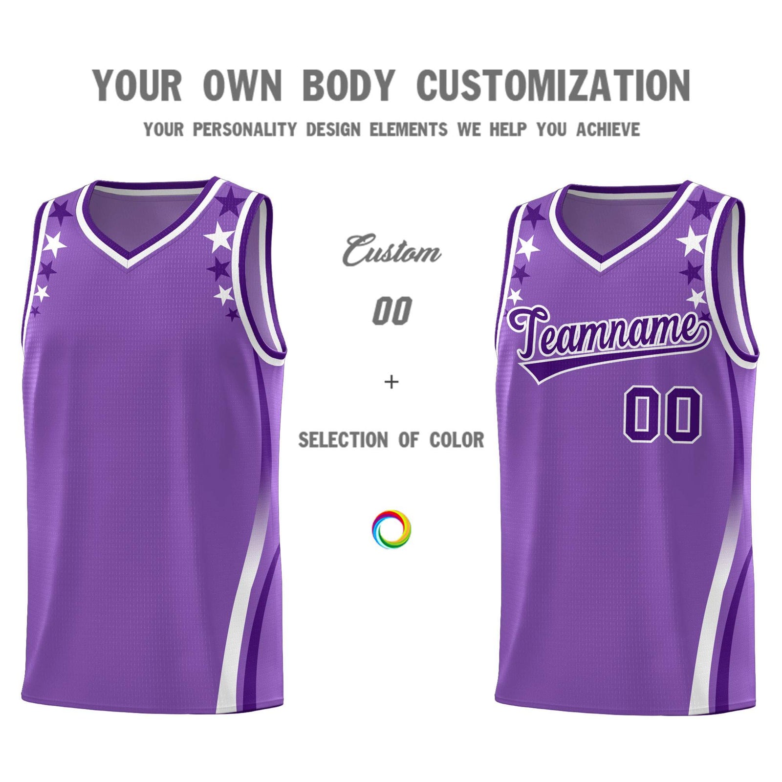 Custom Light Purple Shoulders Star Pattern Side Color Block Sports Uniform Basketball Kits